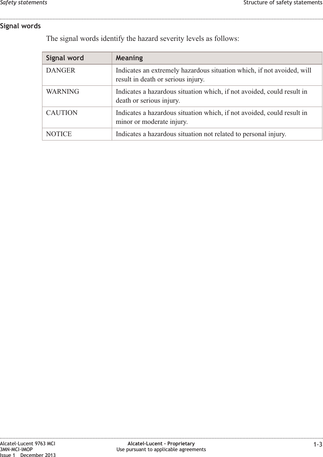 Signal wordsThe signal words identify the hazard severity levels as follows:Signal word MeaningDANGER Indicates an extremely hazardous situation which, if not avoided, willresult in death or serious injury.WARNING Indicates a hazardous situation which, if not avoided, could result indeath or serious injury.CAUTION Indicates a hazardous situation which, if not avoided, could result inminor or moderate injury.NOTICE Indicates a hazardous situation not related to personal injury.Safety statements Structure of safety statements........................................................................................................................................................................................................................................................................................................................................................................................................................................................................Alcatel-Lucent 9763 MCI3MN-MCI-IMOPIssue 1 December 2013Alcatel-Lucent – ProprietaryUse pursuant to applicable agreements 1-3