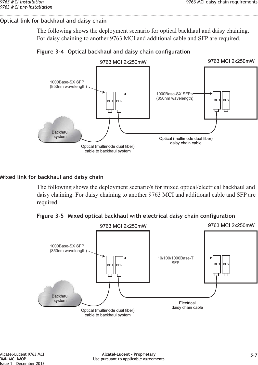 Optical link for backhaul and daisy chainThe following shows the deployment scenario for optical backhaul and daisy chaining.For daisy chaining to another 9763 MCI and additional cable and SFP are required.Mixed link for backhaul and daisy chainThe following shows the deployment scenario&apos;s for mixed optical/electrical backhaul anddaisy chaining. For daisy chaining to another 9763 MCI and additional cable and SFP arerequired.Figure 3-4 Optical backhaul and daisy chain configurationBH1 BH2 BH1 BH29763 MCI 2x250mWBackhaulsystem9763 MCI 2x250mW1000Base-SX SFPs(850nm wavelength)Optical (multimode dual fiber)daisy chain cableOptical (multimode dual fiber)cable to backhaul system1000Base-SX SFP(850nm wavelength)Figure 3-5 Mixed optical backhaul with electrical daisy chain configurationBH1 BH2 BH1 BH29763 MCI 2x250mWBackhaulsystem9763 MCI 2x250mWOptical (multimode dual fiber)cable to backhaul system1000Base-SX SFP(850nm wavelength)Electricaldaisy chain cable10/100/1000Base-TSFP9763 MCI installation9763 MCI pre-installation9763 MCI daisy chain requirements........................................................................................................................................................................................................................................................................................................................................................................................................................................................................Alcatel-Lucent 9763 MCI3MN-MCI-IMOPIssue 1 December 2013Alcatel-Lucent – ProprietaryUse pursuant to applicable agreements 3-7