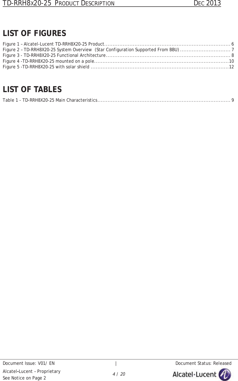 TD-RRH8X20-25 PRODUCT DESCRIPTION                                               DEC 2013Document Issue: V01/ EN   |   Document Status: ReleasedAlcatel-Lucent – ProprietarySee Notice on Page 2 4/ 20LIST OF FIGURESFigure 1 – Alcatel-Lucent TD-RRH8X20-25 Product...........................................................................6 Figure 2 – TD-RRH8X20-25 System Overview  (Star Configuration Supported From BBU)..............................7 Figure 3 - TD-RRH8X20-25 Functional Architecture..........................................................................8 Figure 4 -TD-RRH8X20-25 mounted on a pole................................................................................10 Figure 5 -TD-RRH8X20-25 with solar shield ..................................................................................12 LIST OF TABLESTable 1 - TD-RRH8X20-25 Main Characteristics...............................................................................9 