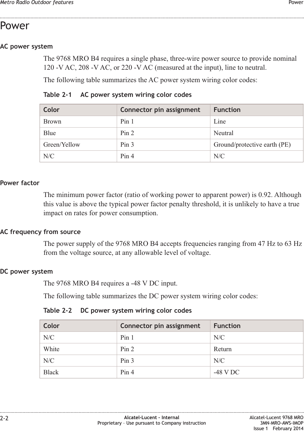 PowerAC power systemThe 9768 MRO B4 requires a single phase, three-wire power source to provide nominal120 -V AC, 208 -V AC, or 220 -V AC (measured at the input), line to neutral.The following table summarizes the AC power system wiring color codes:Table 2-1 AC power system wiring color codesColor Connector pin assignment FunctionBrown Pin 1 LineBlue Pin 2 NeutralGreen/Yellow Pin 3 Ground/protective earth (PE)N/C Pin 4 N/CPower factorThe minimum power factor (ratio of working power to apparent power) is 0.92. Althoughthis value is above the typical power factor penalty threshold, it is unlikely to have a trueimpact on rates for power consumption.AC frequency from sourceThe power supply of the 9768 MRO B4 accepts frequencies ranging from 47 Hz to 63 Hzfrom the voltage source, at any allowable level of voltage.DC power systemThe 9768 MRO B4 requires a -48 V DC input.The following table summarizes the DC power system wiring color codes:Table 2-2 DC power system wiring color codesColor Connector pin assignment FunctionN/C Pin 1 N/CWhite Pin 2 ReturnN/C Pin 3 N/CBlack Pin 4 -48 V DCMetro Radio Outdoor features Power........................................................................................................................................................................................................................................................................................................................................................................................................................................................................2-2 Alcatel-Lucent – InternalProprietary – Use pursuant to Company instructionAlcatel-Lucent 9768 MRO3MN-MRO-AWS-IMOPIssue 1 February 2014