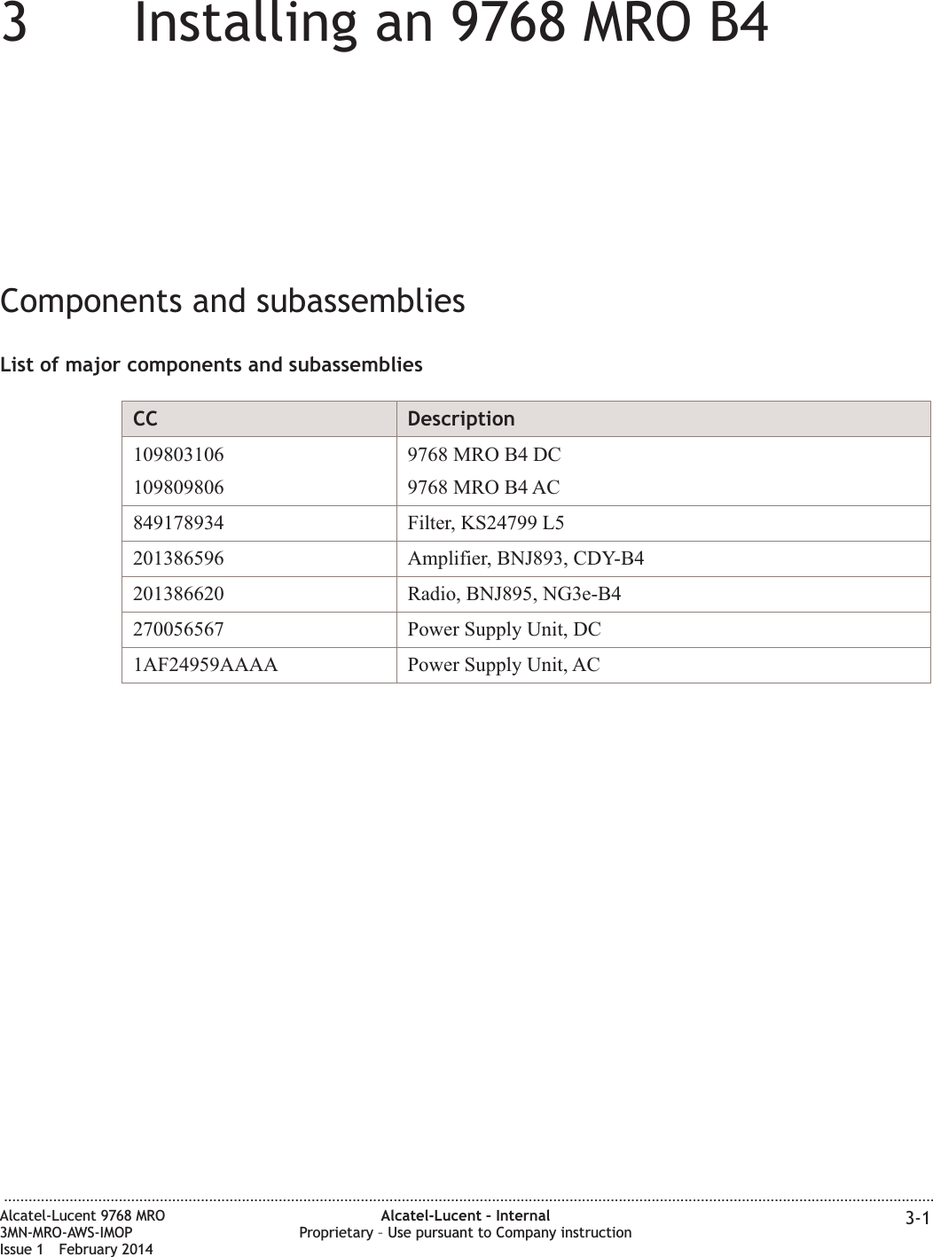 33Installing an 9768 MRO B4Components and subassembliesList of major components and subassembliesCC Description1098031061098098069768 MRO B4 DC9768 MRO B4 AC849178934 Filter, KS24799 L5201386596 Amplifier, BNJ893, CDY-B4201386620 Radio, BNJ895, NG3e-B4270056567 Power Supply Unit, DC1AF24959AAAA Power Supply Unit, AC...................................................................................................................................................................................................................................Alcatel-Lucent 9768 MRO3MN-MRO-AWS-IMOPIssue 1 February 2014Alcatel-Lucent – InternalProprietary – Use pursuant to Company instruction 3-1