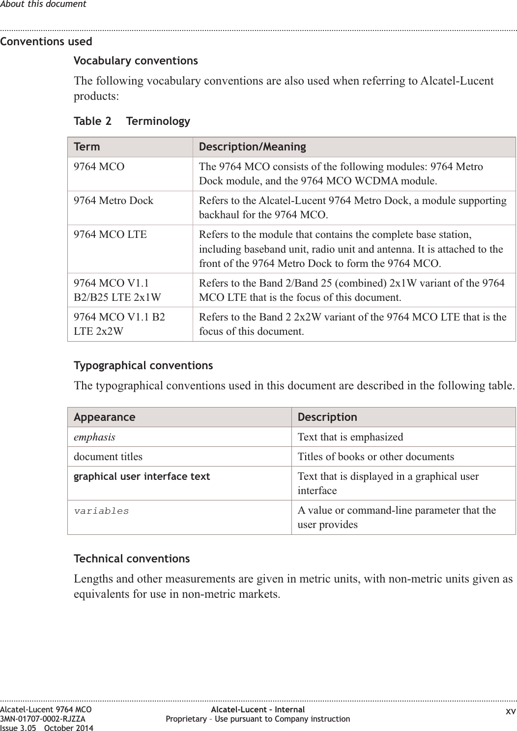 Conventions usedVocabulary conventionsThe following vocabulary conventions are also used when referring to Alcatel-Lucentproducts:Table 2 TerminologyTerm Description/Meaning9764 MCO The 9764 MCO consists of the following modules: 9764 MetroDock module, and the 9764 MCO WCDMA module.9764 Metro Dock Refers to the Alcatel-Lucent 9764 Metro Dock, a module supportingbackhaul for the 9764 MCO.9764 MCO LTE Refers to the module that contains the complete base station,including baseband unit, radio unit and antenna. It is attached to thefront of the 9764 Metro Dock to form the 9764 MCO.9764 MCO V1.1B2/B25 LTE 2x1WRefers to the Band 2/Band 25 (combined) 2x1W variant of the 9764MCO LTE that is the focus of this document.9764 MCO V1.1 B2LTE 2x2WRefers to the Band 2 2x2W variant of the 9764 MCO LTE that is thefocus of this document.Typographical conventionsThe typographical conventions used in this document are described in the following table.Appearance Descriptionemphasis Text that is emphasizeddocument titles Titles of books or other documentsgraphical user interface text Text that is displayed in a graphical userinterfacevariablesA value or command-line parameter that theuser providesTechnical conventionsLengths and other measurements are given in metric units, with non-metric units given asequivalents for use in non-metric markets.About this document........................................................................................................................................................................................................................................................................................................................................................................................................................................................................Alcatel-Lucent 9764 MCO3MN-01707-0002-RJZZAIssue 3.05 October 2014Alcatel-Lucent – InternalProprietary – Use pursuant to Company instruction xvDRAFTDRAFT