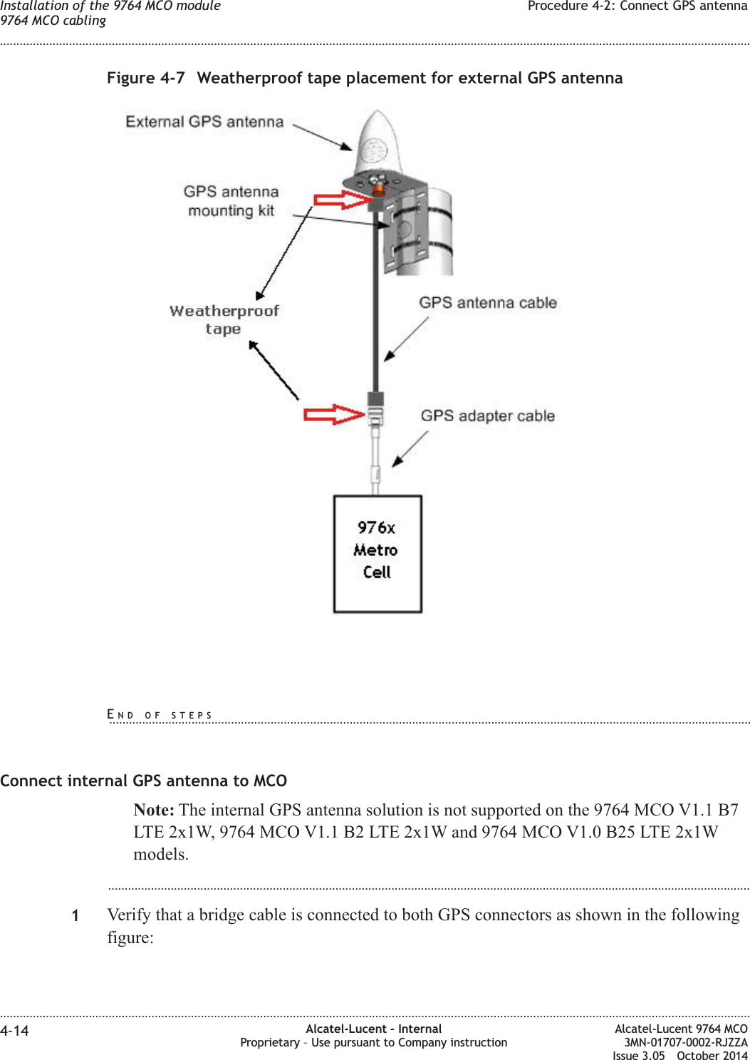 Connect internal GPS antenna to MCONote: The internal GPS antenna solution is not supported on the 9764 MCO V1.1 B7LTE 2x1W, 9764 MCO V1.1 B2 LTE 2x1W and 9764 MCO V1.0 B25 LTE 2x1Wmodels....................................................................................................................................................................................................1Verify that a bridge cable is connected to both GPS connectors as shown in the followingfigure:Figure 4-7 Weatherproof tape placement for external GPS antennaInstallation of the 9764 MCO module9764 MCO cablingProcedure 4-2: Connect GPS antenna........................................................................................................................................................................................................................................................................................................................................................................................................................................................................4-14 Alcatel-Lucent – InternalProprietary – Use pursuant to Company instructionAlcatel-Lucent 9764 MCO3MN-01707-0002-RJZZAIssue 3.05 October 2014DRAFTDRAFTEND OF STEPS...................................................................................................................................................................................................