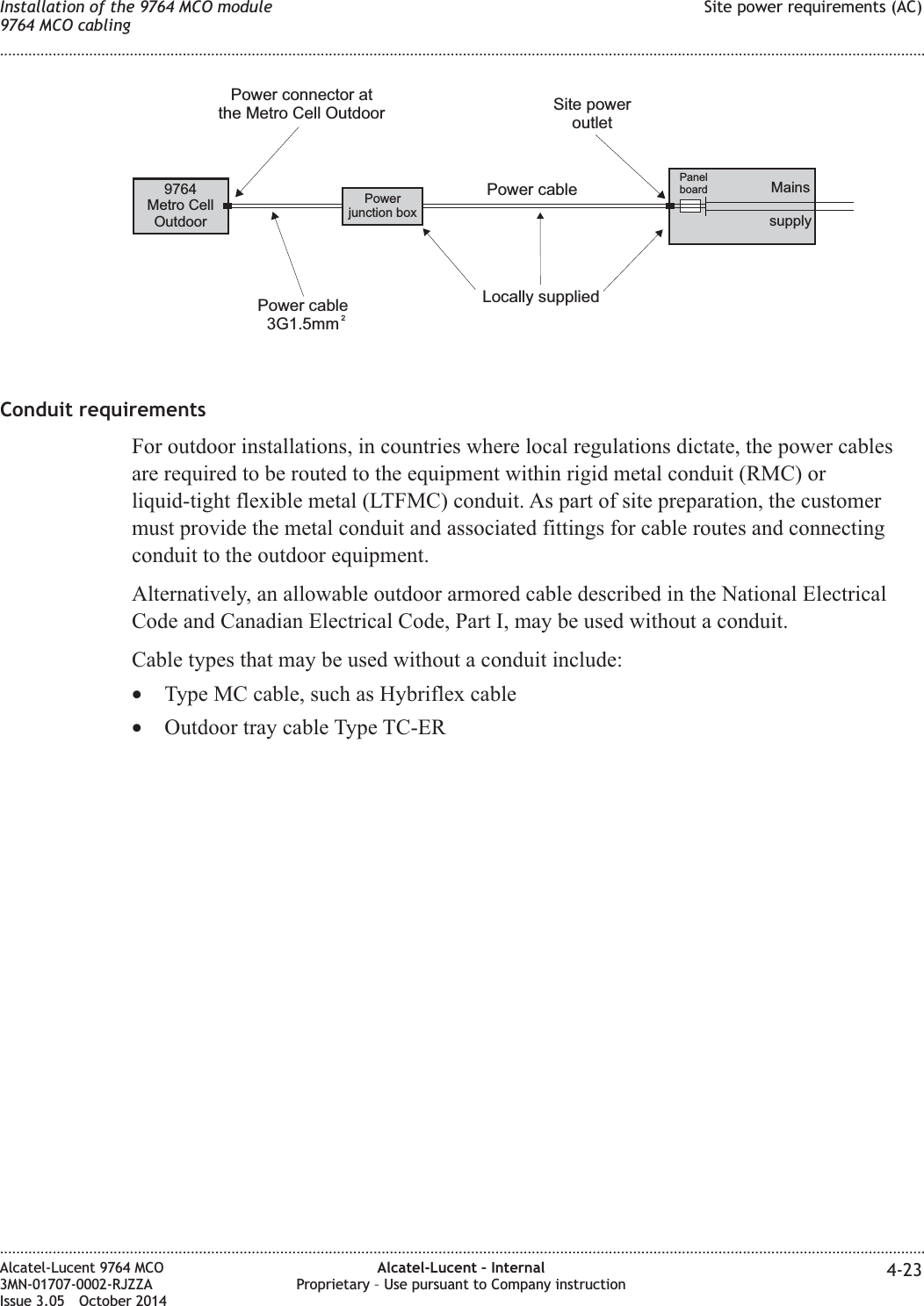 Conduit requirementsFor outdoor installations, in countries where local regulations dictate, the power cablesare required to be routed to the equipment within rigid metal conduit (RMC) orliquid-tight flexible metal (LTFMC) conduit. As part of site preparation, the customermust provide the metal conduit and associated fittings for cable routes and connectingconduit to the outdoor equipment.Alternatively, an allowable outdoor armored cable described in the National ElectricalCode and Canadian Electrical Code, Part I, may be used without a conduit.Cable types that may be used without a conduit include:•Type MC cable, such as Hybriflex cable•Outdoor tray cable Type TC-ER9764Metro CellOutdoorPanelboardPower cablePower connector atthe Metro Cell OutdoorPowerjunction boxLocally suppliedPower cable3G1.5mm 2Site poweroutletMainssupplyInstallation of the 9764 MCO module9764 MCO cablingSite power requirements (AC)........................................................................................................................................................................................................................................................................................................................................................................................................................................................................Alcatel-Lucent 9764 MCO3MN-01707-0002-RJZZAIssue 3.05 October 2014Alcatel-Lucent – InternalProprietary – Use pursuant to Company instruction 4-23DRAFTDRAFT