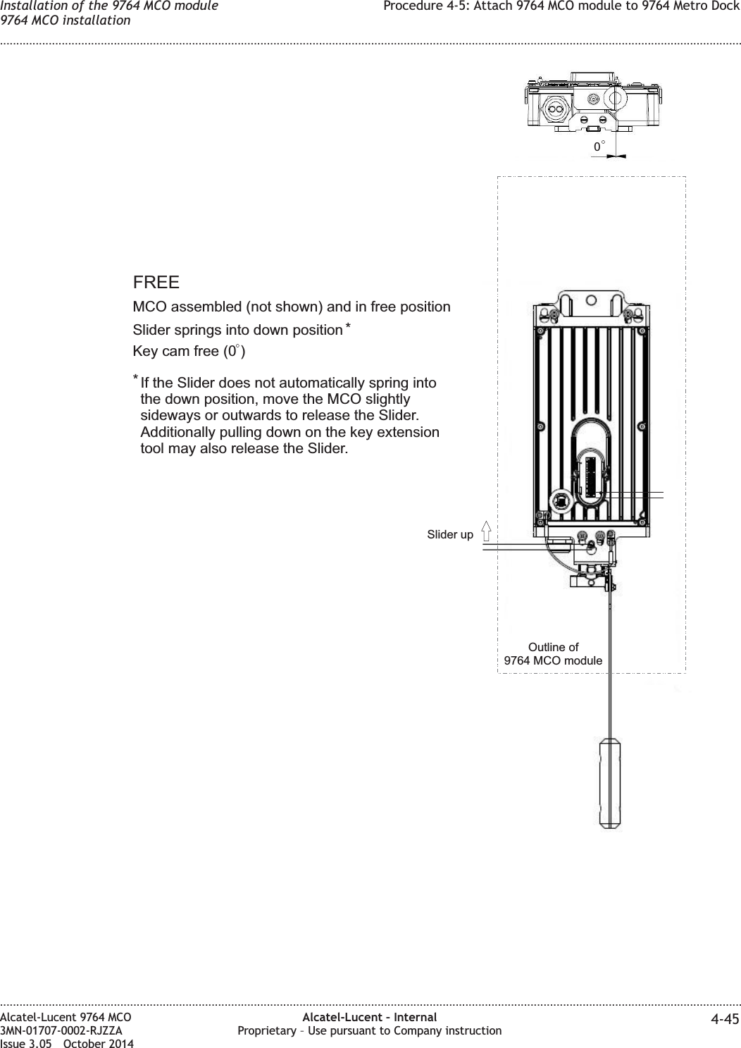0Key cam free (0 )Outline of9764 MCO moduleMCO assembled (not shown) and in free positionFREESlider springs into down positionIf the Slider does not automatically spring intothe down position, move the MCO slightlysideways or outwards to release the Slider.Additionally pulling down on the key extensiontool may also release the Slider.Slider up**Installation of the 9764 MCO module9764 MCO installationProcedure 4-5: Attach 9764 MCO module to 9764 Metro Dock........................................................................................................................................................................................................................................................................................................................................................................................................................................................................Alcatel-Lucent 9764 MCO3MN-01707-0002-RJZZAIssue 3.05 October 2014Alcatel-Lucent – InternalProprietary – Use pursuant to Company instruction 4-45DRAFTDRAFT