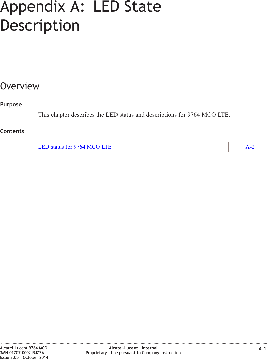 Appendix A: LED StateDescriptionOverviewPurposeThis chapter describes the LED status and descriptions for 9764 MCO LTE.ContentsLED status for 9764 MCO LTE A-2...................................................................................................................................................................................................................................Alcatel-Lucent 9764 MCO3MN-01707-0002-RJZZAIssue 3.05 October 2014Alcatel-Lucent – InternalProprietary – Use pursuant to Company instruction A-1DRAFTDRAFT