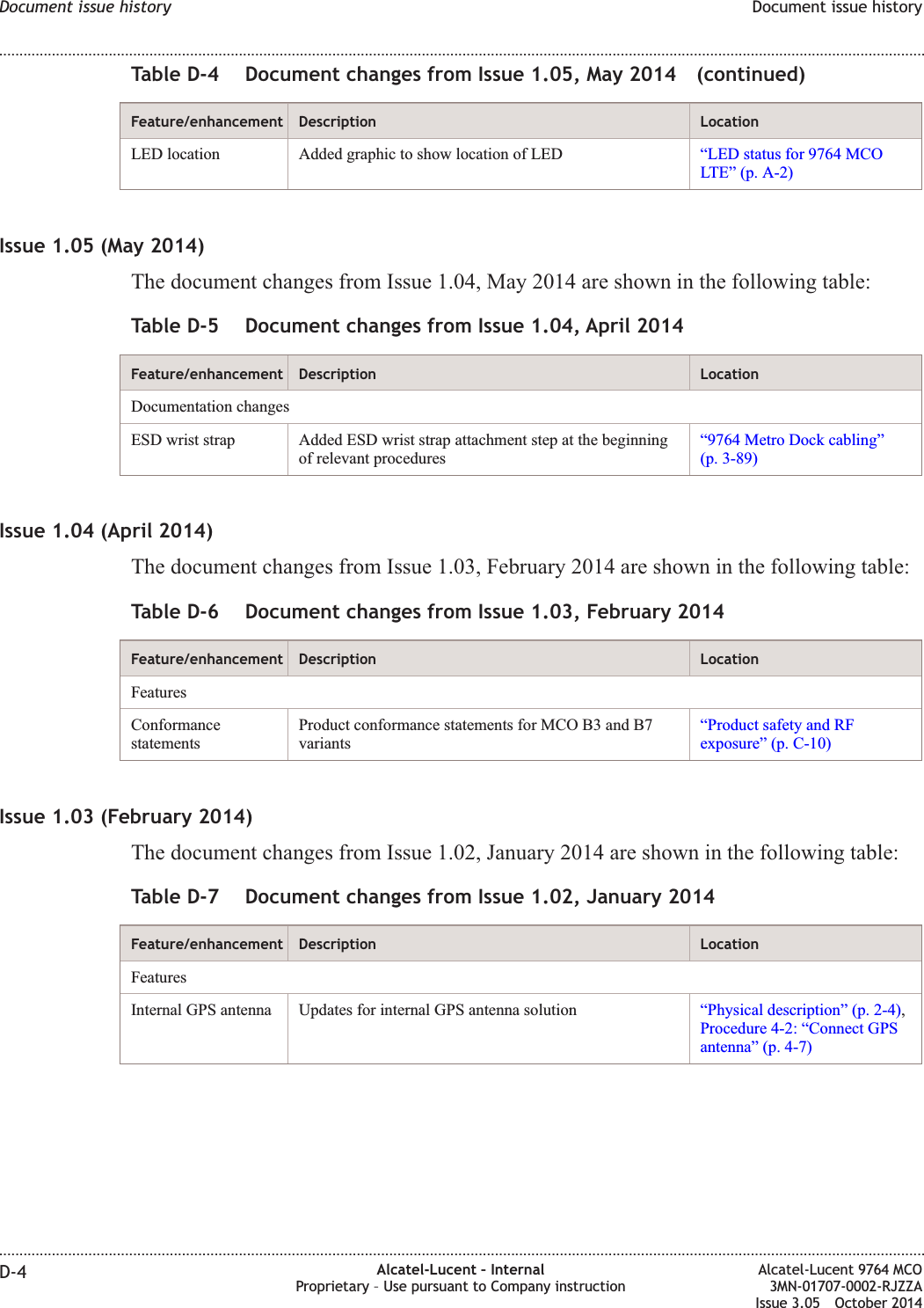 Table D-4 Document changes from Issue 1.05, May 2014 (continued)Feature/enhancement Description LocationLED location Added graphic to show location of LED “LED status for 9764 MCOLTE” (p. A-2)Issue 1.05 (May 2014)The document changes from Issue 1.04, May 2014 are shown in the following table:Table D-5 Document changes from Issue 1.04, April 2014Feature/enhancement Description LocationDocumentation changesESD wrist strap Added ESD wrist strap attachment step at the beginningof relevant procedures“9764 Metro Dock cabling”(p. 3-89)Issue 1.04 (April 2014)The document changes from Issue 1.03, February 2014 are shown in the following table:Table D-6 Document changes from Issue 1.03, February 2014Feature/enhancement Description LocationFeaturesConformancestatementsProduct conformance statements for MCO B3 and B7variants“Product safety and RFexposure” (p. C-10)Issue 1.03 (February 2014)The document changes from Issue 1.02, January 2014 are shown in the following table:Table D-7 Document changes from Issue 1.02, January 2014Feature/enhancement Description LocationFeaturesInternal GPS antenna Updates for internal GPS antenna solution “Physical description” (p. 2-4),Procedure 4-2: “Connect GPSantenna” (p. 4-7)Document issue history Document issue history........................................................................................................................................................................................................................................................................................................................................................................................................................................................................D-4 Alcatel-Lucent – InternalProprietary – Use pursuant to Company instructionAlcatel-Lucent 9764 MCO3MN-01707-0002-RJZZAIssue 3.05 October 2014DRAFTDRAFT