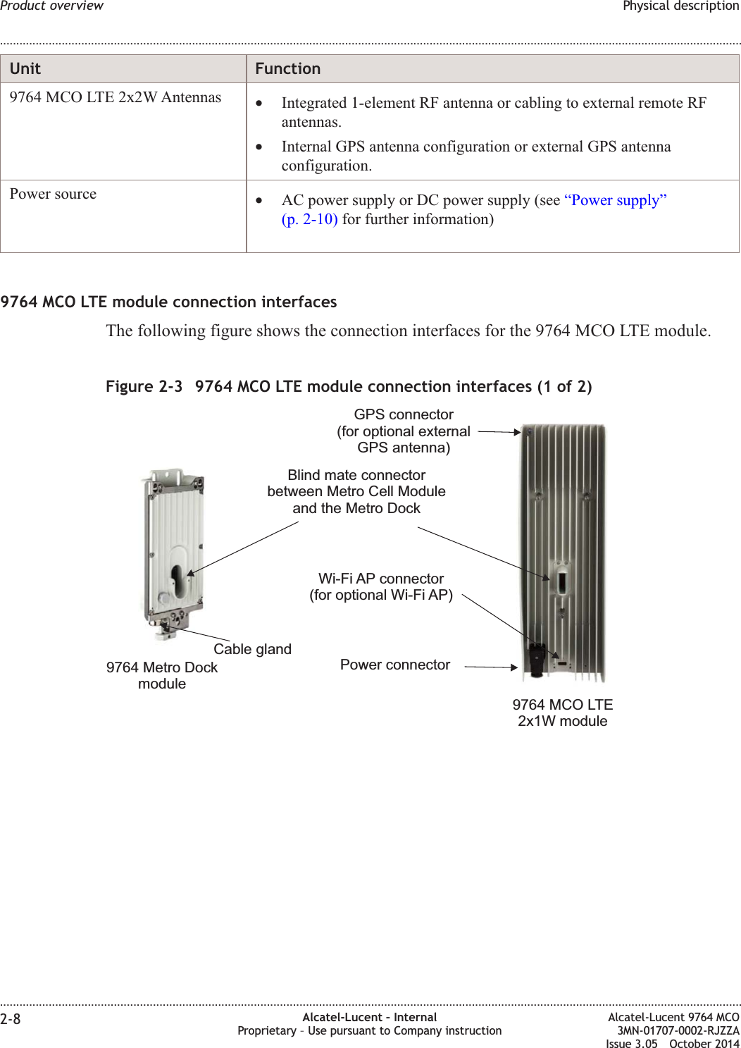 Unit Function9764 MCO LTE 2x2W Antennas •Integrated 1-element RF antenna or cabling to external remote RFantennas.•Internal GPS antenna configuration or external GPS antennaconfiguration.Power source •AC power supply or DC power supply (see “Power supply”(p. 2-10) for further information)9764 MCO LTE module connection interfacesThe following figure shows the connection interfaces for the 9764 MCO LTE module.Figure 2-3 9764 MCO LTE module connection interfaces (1 of 2)Power connectorBlind mate connectorbetween Metro Cell Moduleand the Metro DockWi-Fi AP connector(for optional Wi-Fi AP)Cable gland9764 MCO LTE2x1W module9764 Metro DockmoduleGPS connector(for optional externalGPS antenna)Product overview Physical description........................................................................................................................................................................................................................................................................................................................................................................................................................................................................2-8 Alcatel-Lucent – InternalProprietary – Use pursuant to Company instructionAlcatel-Lucent 9764 MCO3MN-01707-0002-RJZZAIssue 3.05 October 2014DRAFTDRAFT