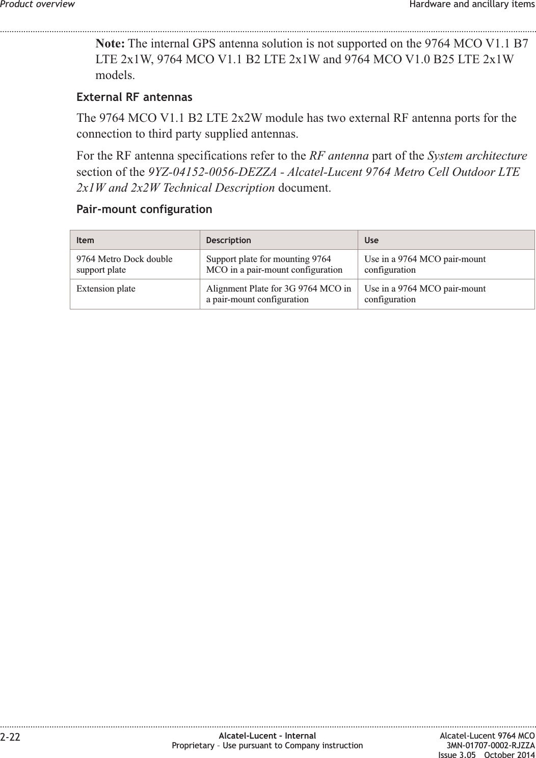 Note: The internal GPS antenna solution is not supported on the 9764 MCO V1.1 B7LTE 2x1W, 9764 MCO V1.1 B2 LTE 2x1W and 9764 MCO V1.0 B25 LTE 2x1Wmodels.External RF antennasThe 9764 MCO V1.1 B2 LTE 2x2W module has two external RF antenna ports for theconnection to third party supplied antennas.For the RF antenna specifications refer to the RF antenna part of the System architecturesection of the 9YZ-04152-0056-DEZZA - Alcatel-Lucent 9764 Metro Cell Outdoor LTE2x1W and 2x2W Technical Description document.Pair-mount configurationItem Description Use9764 Metro Dock doublesupport plateSupport plate for mounting 9764MCO in a pair-mount configurationUse in a 9764 MCO pair-mountconfigurationExtension plate Alignment Plate for 3G 9764 MCO ina pair-mount configurationUse in a 9764 MCO pair-mountconfigurationProduct overview Hardware and ancillary items........................................................................................................................................................................................................................................................................................................................................................................................................................................................................2-22 Alcatel-Lucent – InternalProprietary – Use pursuant to Company instructionAlcatel-Lucent 9764 MCO3MN-01707-0002-RJZZAIssue 3.05 October 2014DRAFTDRAFT
