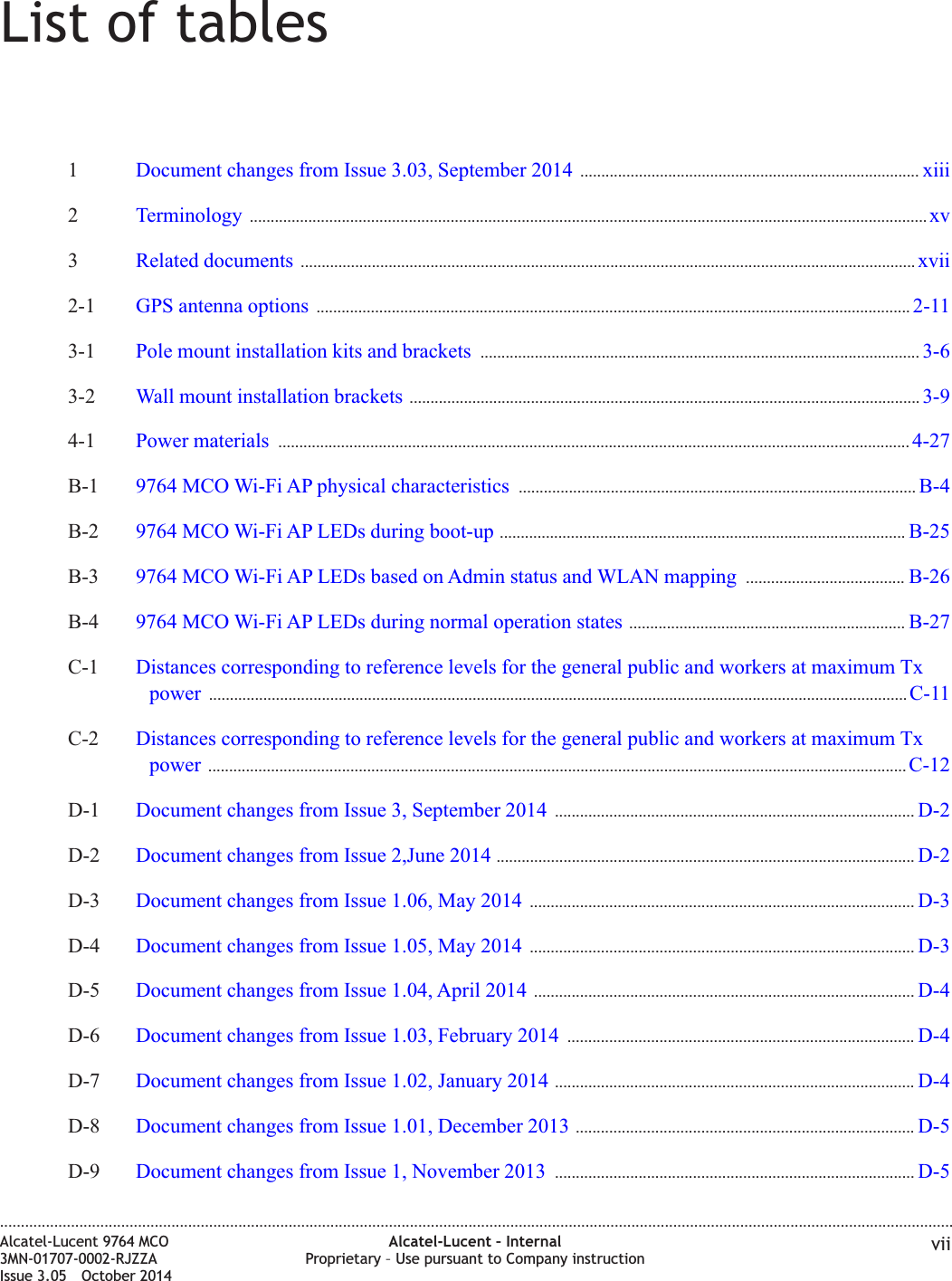 List of tables1Document changes from Issue 3.03, September 2014 ................................................................................. xiiixiii2Terminology .................................................................................................................................................................. xvxv3Related documents ................................................................................................................................................... xviixvii2-1 GPS antenna options .............................................................................................................................................. 2-112-113-1 Pole mount installation kits and brackets ......................................................................................................... 3-63-63-2 Wall mount installation brackets .......................................................................................................................... 3-93-94-1 Power materials ....................................................................................................................................................... 4-274-27B-1 9764 MCO Wi-Fi AP physical characteristics ............................................................................................... B-4B-4B-2 9764 MCO Wi-Fi AP LEDs during boot-up ................................................................................................. B-25B-25B-3 9764 MCO Wi-Fi AP LEDs based on Admin status and WLAN mapping ...................................... B-26B-26B-4 9764 MCO Wi-Fi AP LEDs during normal operation states .................................................................. B-27B-27C-1 Distances corresponding to reference levels for the general public and workers at maximum Txpower ....................................................................................................................................................................... C-11C-11C-2 Distances corresponding to reference levels for the general public and workers at maximum Txpower ....................................................................................................................................................................... C-12C-12D-1 Document changes from Issue 3, September 2014 ...................................................................................... D-2D-2D-2 Document changes from Issue 2,June 2014 .................................................................................................... D-2D-2D-3 Document changes from Issue 1.06, May 2014 ............................................................................................ D-3D-3D-4 Document changes from Issue 1.05, May 2014 ............................................................................................ D-3D-3D-5 Document changes from Issue 1.04, April 2014 ........................................................................................... D-4D-4D-6 Document changes from Issue 1.03, February 2014 ................................................................................... D-4D-4D-7 Document changes from Issue 1.02, January 2014 ...................................................................................... D-4D-4D-8 Document changes from Issue 1.01, December 2013 ................................................................................. D-5D-5D-9 Document changes from Issue 1, November 2013 ...................................................................................... D-5D-5....................................................................................................................................................................................................................................Alcatel-Lucent 9764 MCO3MN-01707-0002-RJZZAIssue 3.05 October 2014Alcatel-Lucent – InternalProprietary – Use pursuant to Company instruction viiDRAFTDRAFT