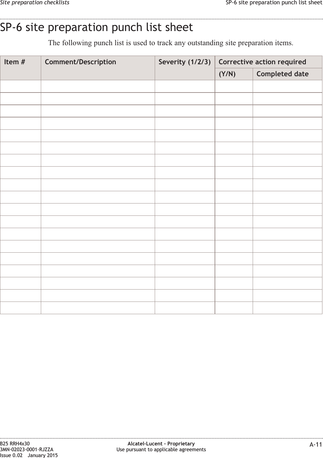 SP-6 site preparation punch list sheetThe following punch list is used to track any outstanding site preparation items.Item # Comment/Description Severity (1/2/3) Corrective action required(Y/N) Completed dateSite preparation checklists SP-6 site preparation punch list sheet........................................................................................................................................................................................................................................................................................................................................................................................................................................................................B25 RRH4x303MN-02023-0001-RJZZAIssue 0.02 January 2015Alcatel-Lucent – ProprietaryUse pursuant to applicable agreements A-11DRAFTDRAFT