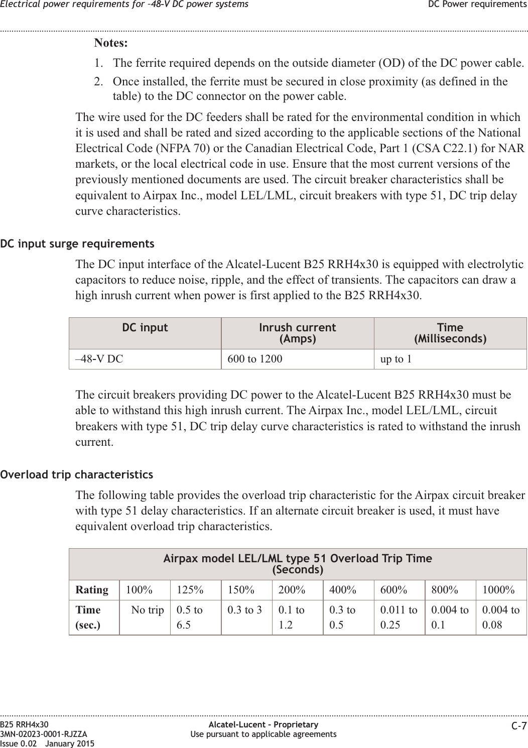 Notes:1. The ferrite required depends on the outside diameter (OD) of the DC power cable.2. Once installed, the ferrite must be secured in close proximity (as defined in thetable) to the DC connector on the power cable.The wire used for the DC feeders shall be rated for the environmental condition in whichit is used and shall be rated and sized according to the applicable sections of the NationalElectrical Code (NFPA 70) or the Canadian Electrical Code, Part 1 (CSA C22.1) for NARmarkets, or the local electrical code in use. Ensure that the most current versions of thepreviously mentioned documents are used. The circuit breaker characteristics shall beequivalent to Airpax Inc., model LEL/LML, circuit breakers with type 51, DC trip delaycurve characteristics.DC input surge requirementsThe DC input interface of the Alcatel-Lucent B25 RRH4x30 is equipped with electrolyticcapacitors to reduce noise, ripple, and the effect of transients. The capacitors can draw ahigh inrush current when power is first applied to the B25 RRH4x30.DC input Inrush current(Amps)Time(Milliseconds)–48‑V DC 600 to 1200 up to 1The circuit breakers providing DC power to the Alcatel-Lucent B25 RRH4x30 must beable to withstand this high inrush current. The Airpax Inc., model LEL/LML, circuitbreakers with type 51, DC trip delay curve characteristics is rated to withstand the inrushcurrent.Overload trip characteristicsThe following table provides the overload trip characteristic for the Airpax circuit breakerwith type 51 delay characteristics. If an alternate circuit breaker is used, it must haveequivalent overload trip characteristics.Airpax model LEL/LML type 51 Overload Trip Time(Seconds)Rating 100% 125% 150% 200% 400% 600% 800% 1000%Time(sec.)No trip 0.5 to6.50.3 to 3 0.1 to1.20.3 to0.50.011 to0.250.004 to0.10.004 to0.08Electrical power requirements for –48‑V DC power systems DC Power requirements........................................................................................................................................................................................................................................................................................................................................................................................................................................................................B25 RRH4x303MN-02023-0001-RJZZAIssue 0.02 January 2015Alcatel-Lucent – ProprietaryUse pursuant to applicable agreements C-7DRAFTDRAFT