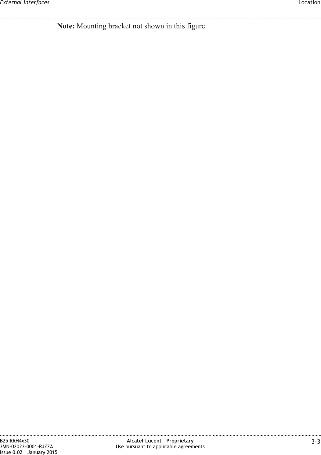 Note: Mounting bracket not shown in this figure.External interfaces Location........................................................................................................................................................................................................................................................................................................................................................................................................................................................................B25 RRH4x303MN-02023-0001-RJZZAIssue 0.02 January 2015Alcatel-Lucent – ProprietaryUse pursuant to applicable agreements 3-3DRAFTDRAFT