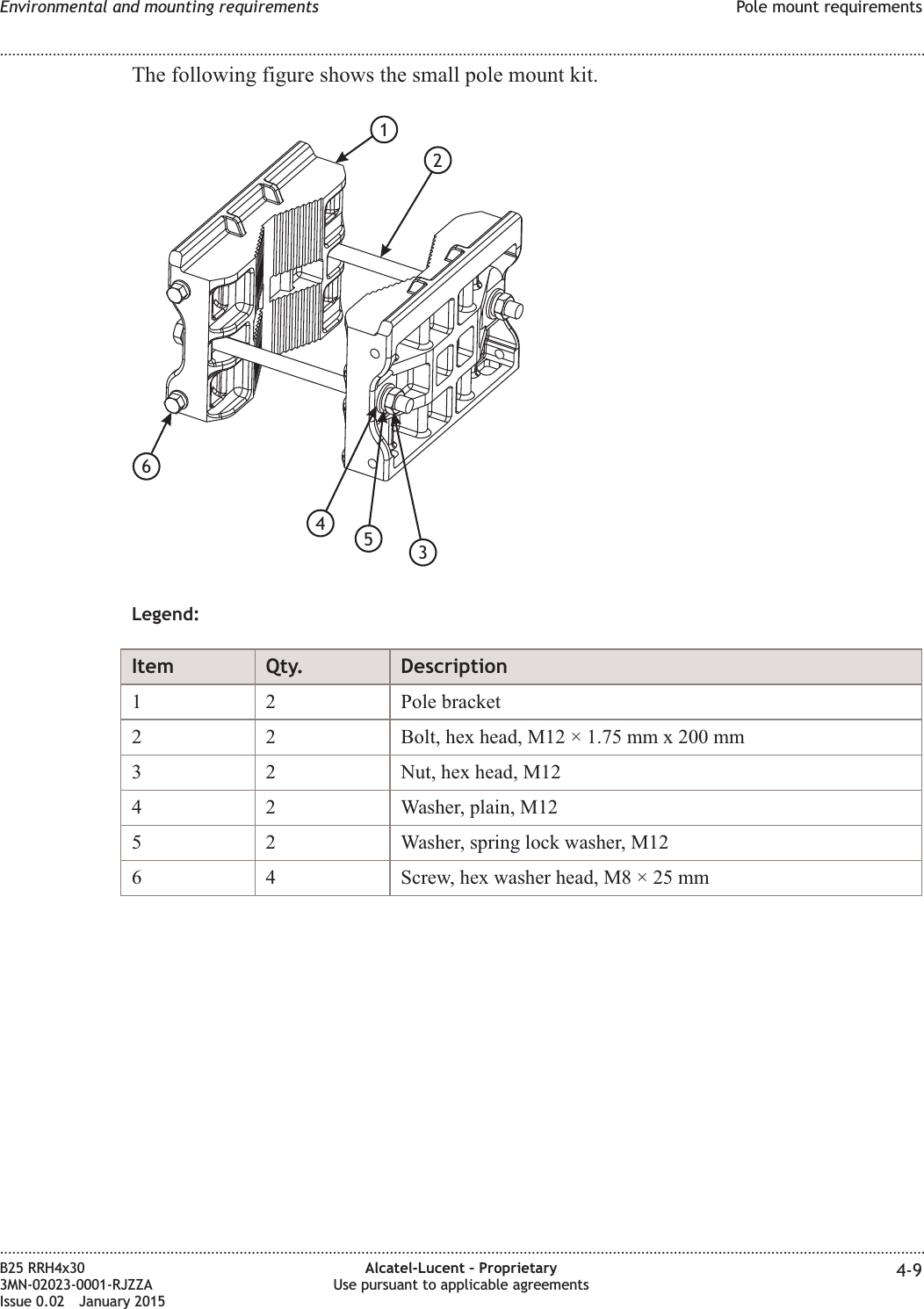 The following figure shows the small pole mount kit.Legend:Item Qty. Description1 2 Pole bracket2 2 Bolt, hex head, M12 × 1.75 mm x 200 mm3 2 Nut, hex head, M124 2 Washer, plain, M125 2 Washer, spring lock washer, M126 4 Screw, hex washer head, M8 × 25 mm126354Environmental and mounting requirements Pole mount requirements........................................................................................................................................................................................................................................................................................................................................................................................................................................................................B25 RRH4x303MN-02023-0001-RJZZAIssue 0.02 January 2015Alcatel-Lucent – ProprietaryUse pursuant to applicable agreements 4-9DRAFTDRAFT