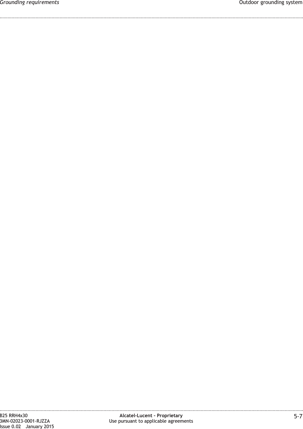Grounding requirements Outdoor grounding system........................................................................................................................................................................................................................................................................................................................................................................................................................................................................B25 RRH4x303MN-02023-0001-RJZZAIssue 0.02 January 2015Alcatel-Lucent – ProprietaryUse pursuant to applicable agreements 5-7DRAFTDRAFT