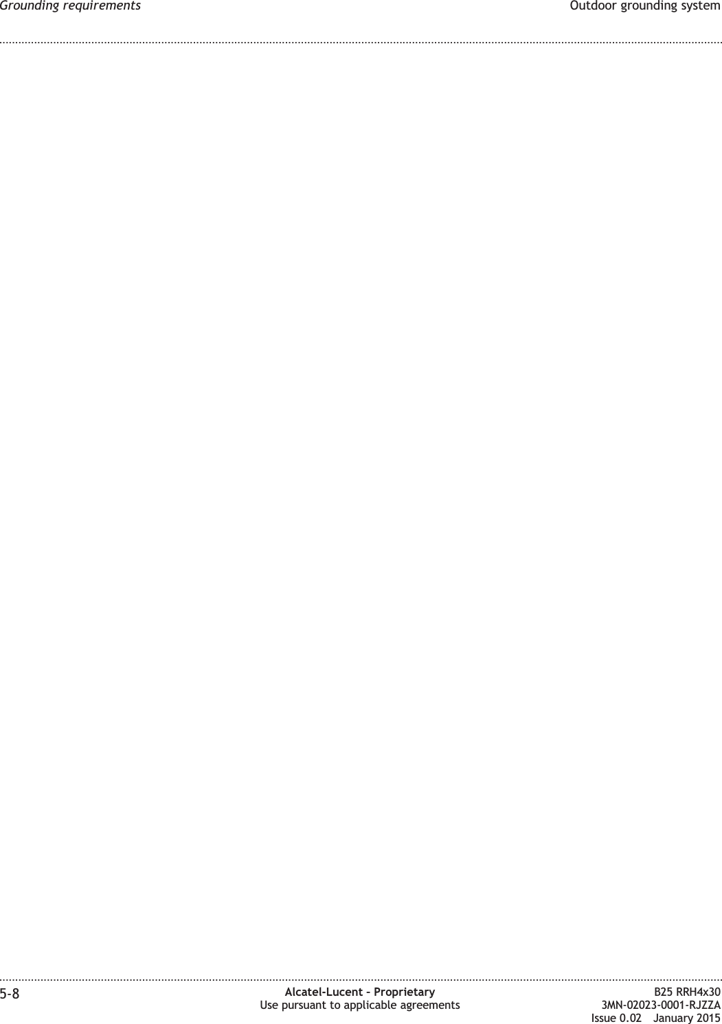 Grounding requirements Outdoor grounding system........................................................................................................................................................................................................................................................................................................................................................................................................................................................................5-8 Alcatel-Lucent – ProprietaryUse pursuant to applicable agreementsB25 RRH4x303MN-02023-0001-RJZZAIssue 0.02 January 2015DRAFTDRAFT
