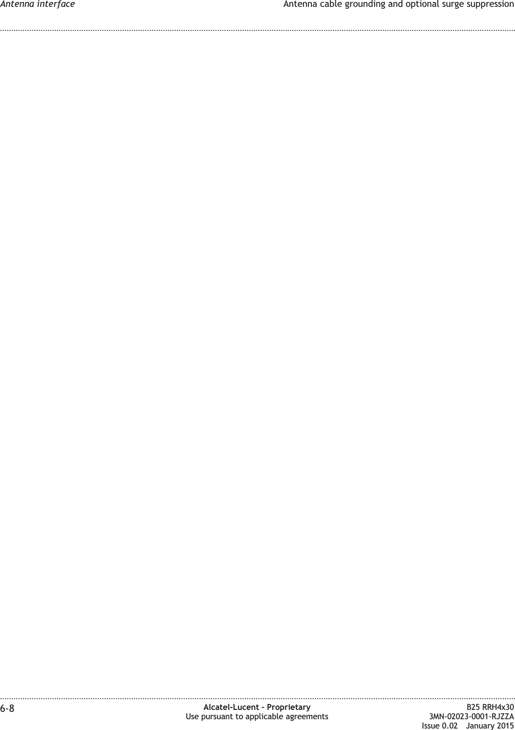 Antenna interface Antenna cable grounding and optional surge suppression........................................................................................................................................................................................................................................................................................................................................................................................................................................................................6-8 Alcatel-Lucent – ProprietaryUse pursuant to applicable agreementsB25 RRH4x303MN-02023-0001-RJZZAIssue 0.02 January 2015DRAFTDRAFT