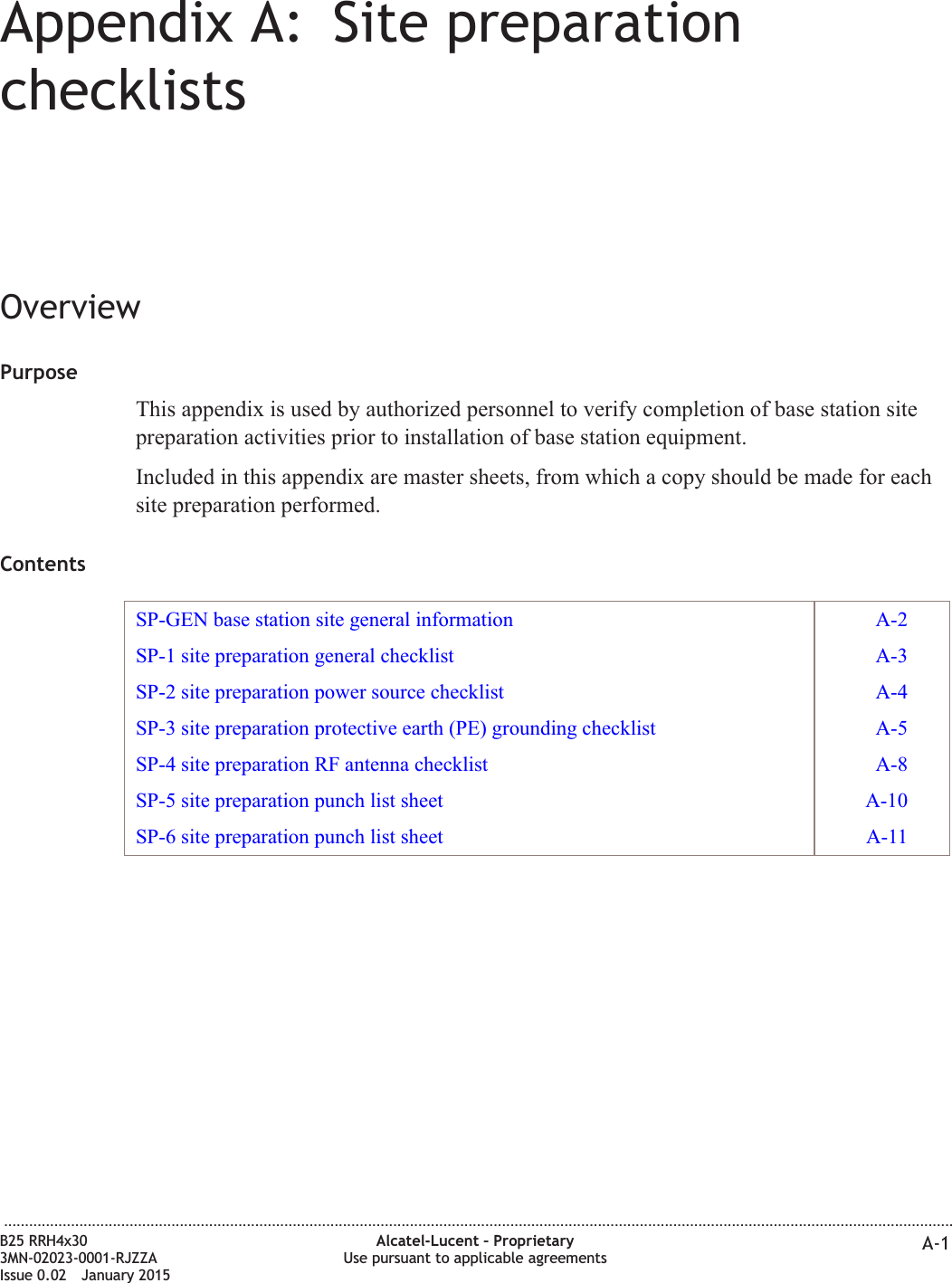 Appendix A: Site preparationchecklistsOverviewPurposeThis appendix is used by authorized personnel to verify completion of base station sitepreparation activities prior to installation of base station equipment.Included in this appendix are master sheets, from which a copy should be made for eachsite preparation performed.ContentsSP-GEN base station site general information A-2SP-1 site preparation general checklist A-3SP-2 site preparation power source checklist A-4SP-3 site preparation protective earth (PE) grounding checklist A-5SP-4 site preparation RF antenna checklist A-8SP-5 site preparation punch list sheet A-10SP-6 site preparation punch list sheet A-11...................................................................................................................................................................................................................................B25 RRH4x303MN-02023-0001-RJZZAIssue 0.02 January 2015Alcatel-Lucent – ProprietaryUse pursuant to applicable agreements A-1DRAFTDRAFT