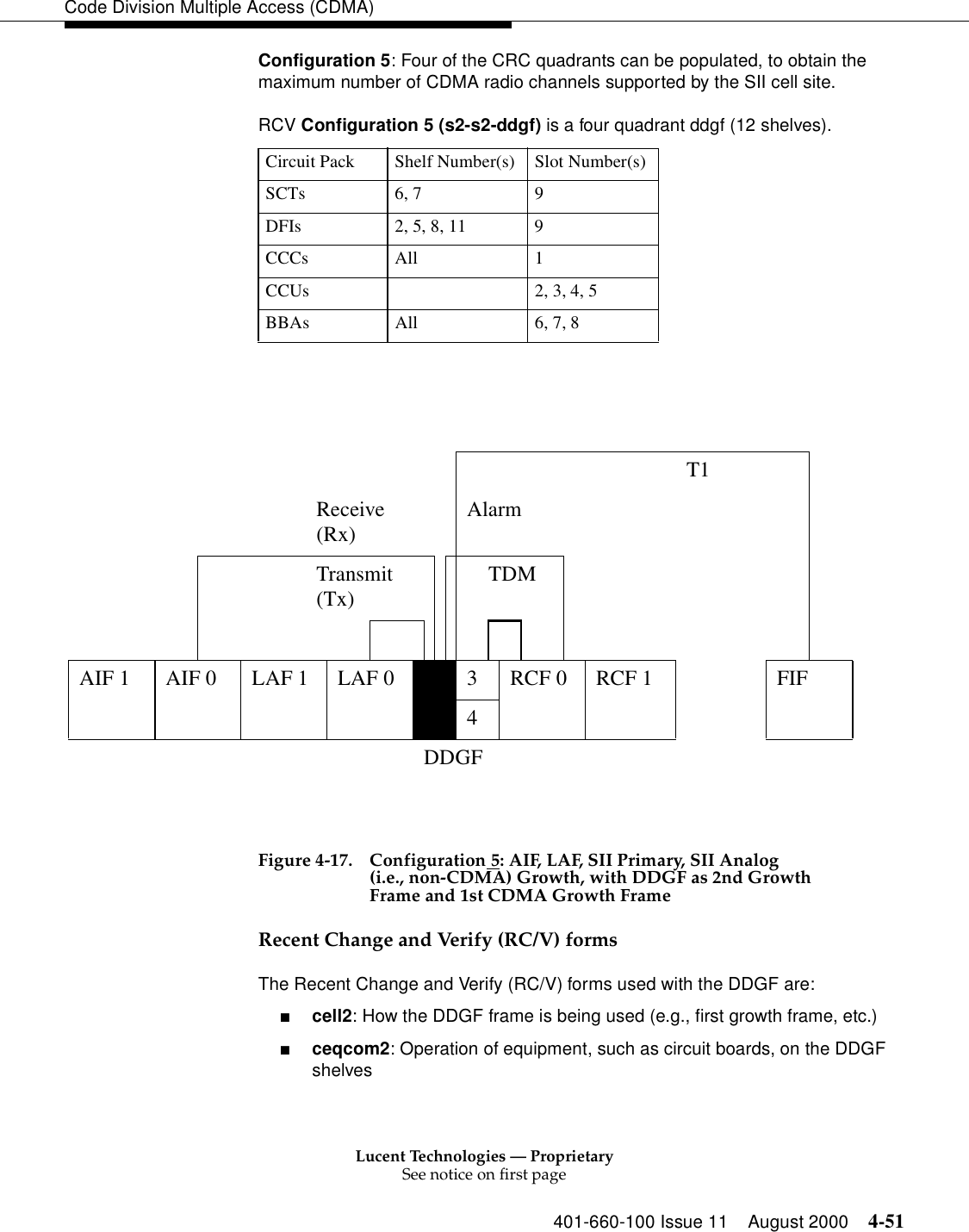 Lucent Technologies — ProprietarySee notice on first page401-660-100 Issue 11 August 2000 4-51Code Division Multiple Access (CDMA)Configuration 5: Four of the CRC quadrants can be populated, to obtain the maximum number of CDMA radio channels supported by the SII cell site.RCV Configuration 5 (s2-s2-ddgf) is a four quadrant ddgf (12 shelves). Figure 4-17. Configuration 5: AIF, LAF, SII Primary, SII Analog(i.e., non-CDMA) Growth, with DDGF as 2nd Growth Frame and 1st CDMA Growth FrameRecent Change and Verify (RC/V) formsThe Recent Change and Verify (RC/V) forms used with the DDGF are:■cell2: How the DDGF frame is being used (e.g., first growth frame, etc.)■ceqcom2: Operation of equipment, such as circuit boards, on the DDGF shelvesCircuit Pack Shelf Number(s) Slot Number(s)SCTs 6, 7 9DFIs 2, 5, 8, 11 9CCCs All 1CCUs 2, 3, 4, 5BBAs All 6, 7, 8 T1Receive (Rx) AlarmTransmit (Tx) TDMAIF 1 AIF 0 LAF 1 LAF 0 13RCF 0RCF 1 FIF24DDGF