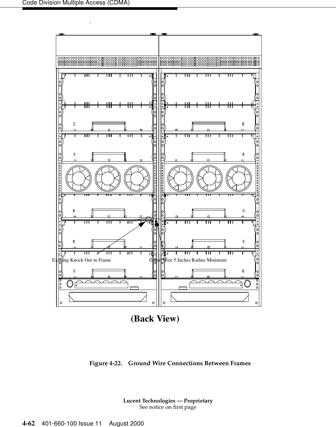 Lucent Technologies — ProprietarySee notice on first page4-62 401-660-100 Issue 11 August 2000Code Division Multiple Access (CDMA).Figure 4-22. Ground Wire Connections Between FramesExisting Knock Out in Frame Green Wire 5 Inches Radius Minimum            (Back View)