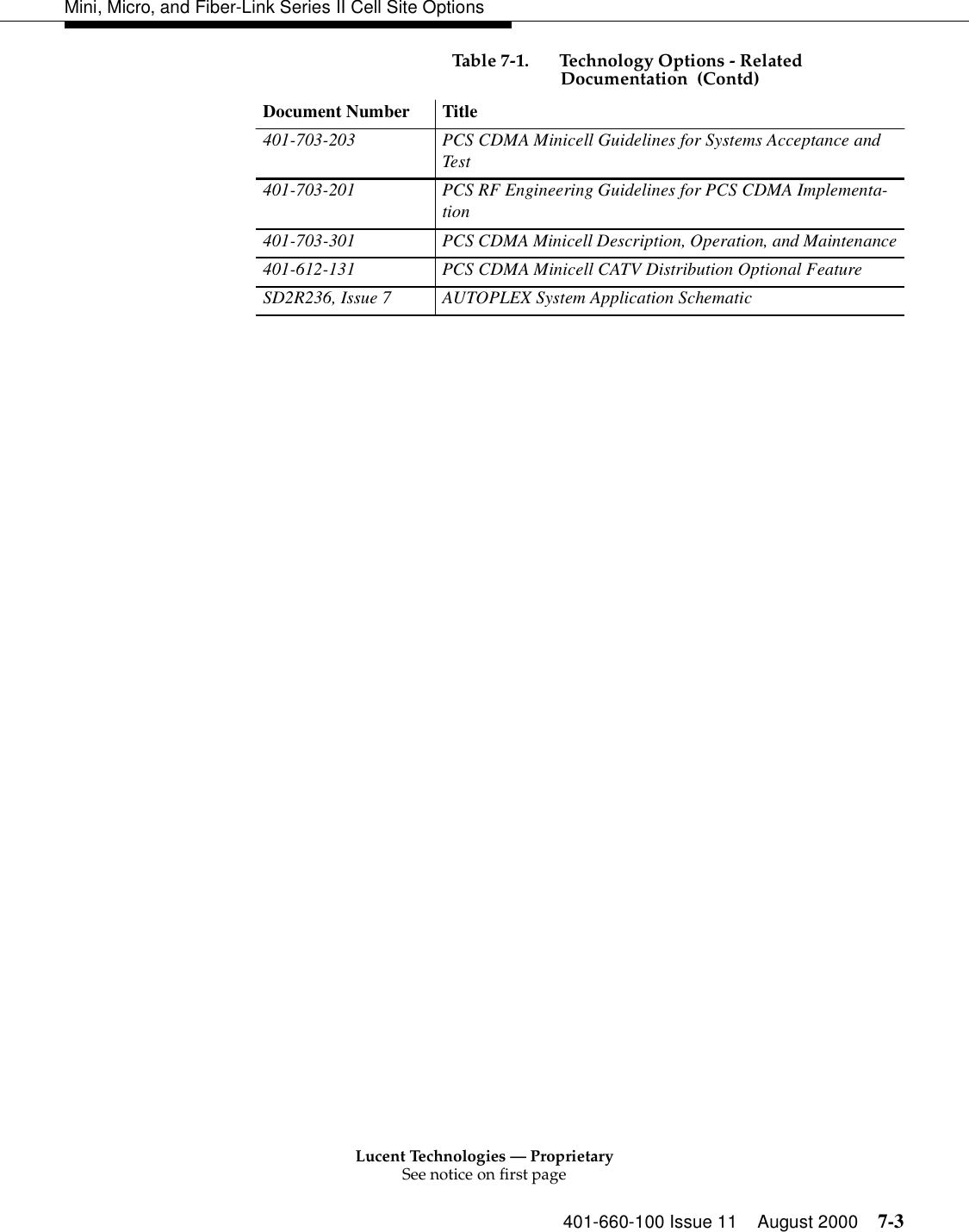 Lucent Technologies — ProprietarySee notice on first page401-660-100 Issue 11 August 2000 7-3Mini, Micro, and Fiber-Link Series II Cell Site Options401-703-203 PCS CDMA Minicell Guidelines for Systems Acceptance and Tes t 401-703-201 PCS RF Engineering Guidelines for PCS CDMA Implementa-tion401-703-301 PCS CDMA Minicell Description, Operation, and Maintenance401-612-131 PCS CDMA Minicell CATV Distribution Optional Feature SD2R236, Issue 7  AUTOPLEX System Application Schematic Table 7-1. Technology Options - Related Documentation  (Contd)Document Number  Title 