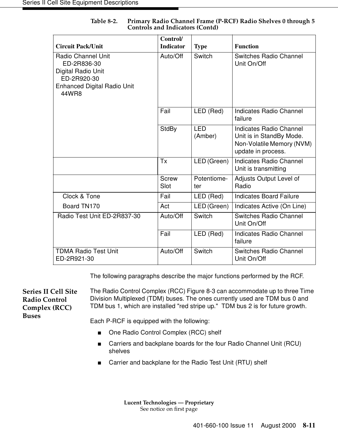 Lucent Technologies — ProprietarySee notice on first page401-660-100 Issue 11 August 2000 8-11Series II Cell Site Equipment DescriptionsThe following paragraphs describe the major functions performed by the RCF. Series II Cell Site Radio Control Complex (RCC) BusesThe Radio Control Complex (RCC) Figure 8-3 can accommodate up to three Time Division Multiplexed (TDM) buses. The ones currently used are TDM bus 0 and TDM bus 1, which are installed &quot;red stripe up.&quot;  TDM bus 2 is for future growth. Each P-RCF is equipped with the following: ■One Radio Control Complex (RCC) shelf ■Carriers and backplane boards for the four Radio Channel Unit (RCU) shelves ■Carrier and backplane for the Radio Test Unit (RTU) shelf Radio Channel Unit      ED-2R836-30Digital Radio Unit        ED-2R920-30Enhanced Digital Radio Unit   44WR8Auto/Off Switch Switches Radio Channel Unit On/Off   Fail  LED (Red)  Indicates Radio Channel failure  StdBy LED (Amber)  Indicates Radio Channel Unit is in StandBy Mode. Non-Volatile Memory (NVM) update in process. Tx LED (Green) Indicates Radio Channel Unit is transmitting  Screw Slot  Potentiome-ter  Adjusts Output Level ofRadioClock &amp; Tone  Fail  LED (Red)  Indicates Board Failure Board TN170  Act  LED (Green)  Indicates Active (On Line)  Radio Test Unit ED-2R837-30 Auto/Off  Switch  Switches Radio Channel Unit On/Off   Fail  LED (Red)  Indicates Radio Channel failure TDMA Radio Test Unit ED-2R921-30 Auto/Off Switch  Switches Radio Channel Unit On/Off Table 8-2. Primary Radio Channel Frame (P-RCF) Radio Shelves 0 through 5Controls and Indicators (Contd) Circuit Pack/Unit Control/Indicator Type Function