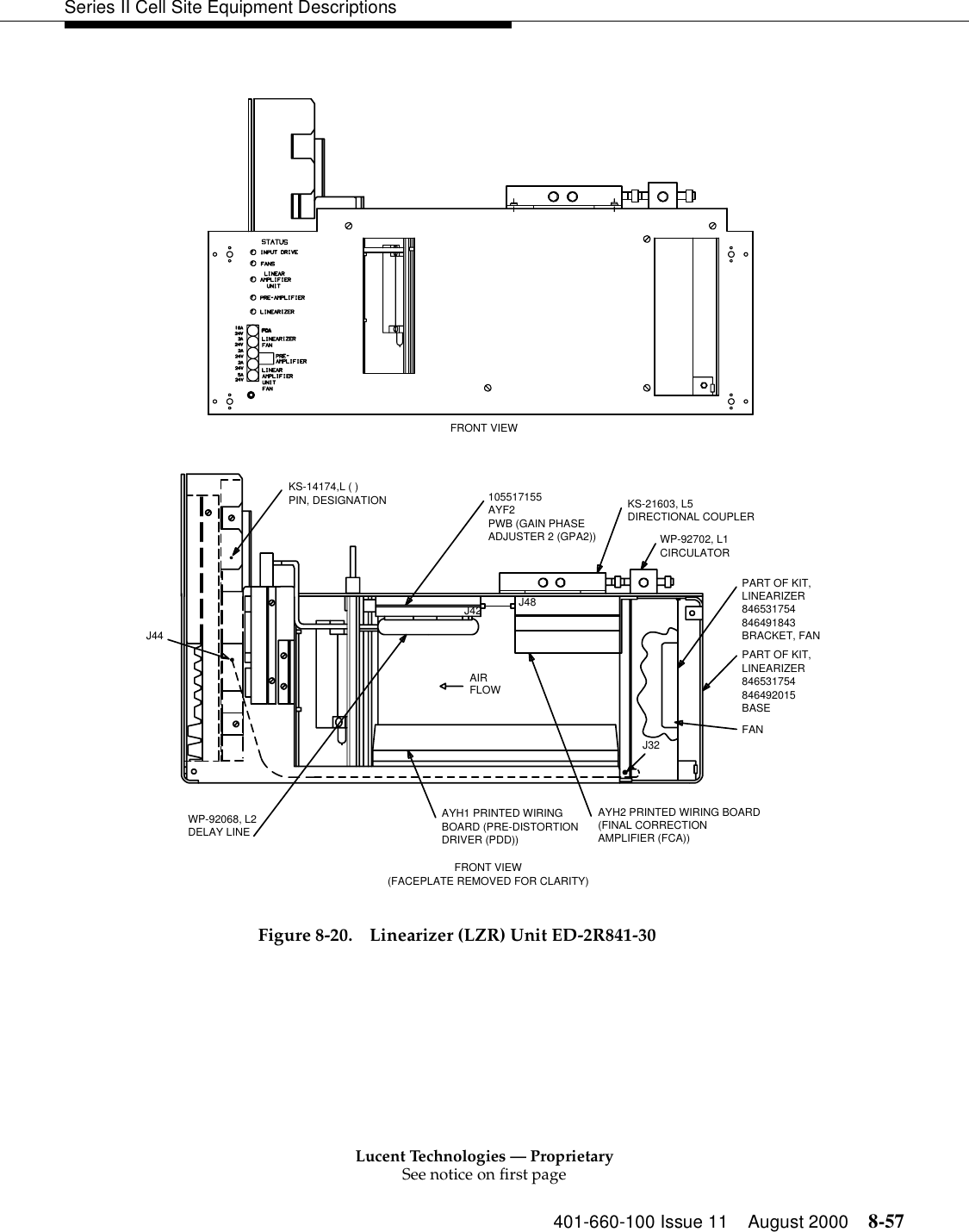 Lucent Technologies — ProprietarySee notice on first page401-660-100 Issue 11 August 2000 8-57Series II Cell Site Equipment Descriptions Figure 8-20. Linearizer (LZR) Unit ED-2R841-30BOARD (PRE-DISTORTIONAYH1 PRINTED WIRINGJ44DELAY LINEWP-92068, L2(FACEPLATE REMOVED FOR CLARITY)FANBASELINEARIZERPART OF KIT,LINEARIZERPART OF KIT,DIRECTIONAL COUPLERAMPLIFIER (FCA))(FINAL CORRECTIONAYH2 PRINTED WIRING BOARDDRIVER (PDD))846492015846531754BRACKET, FAN846491843846531754CIRCULATORWP-92702, L1KS-21603, L5FRONT VIEWJ32J48FLOWAIRJ42FRONT VIEWADJUSTER 2 (GPA2))PWB (GAIN PHASEAYF2105517155PIN, DESIGNATIONKS-14174,L ( )