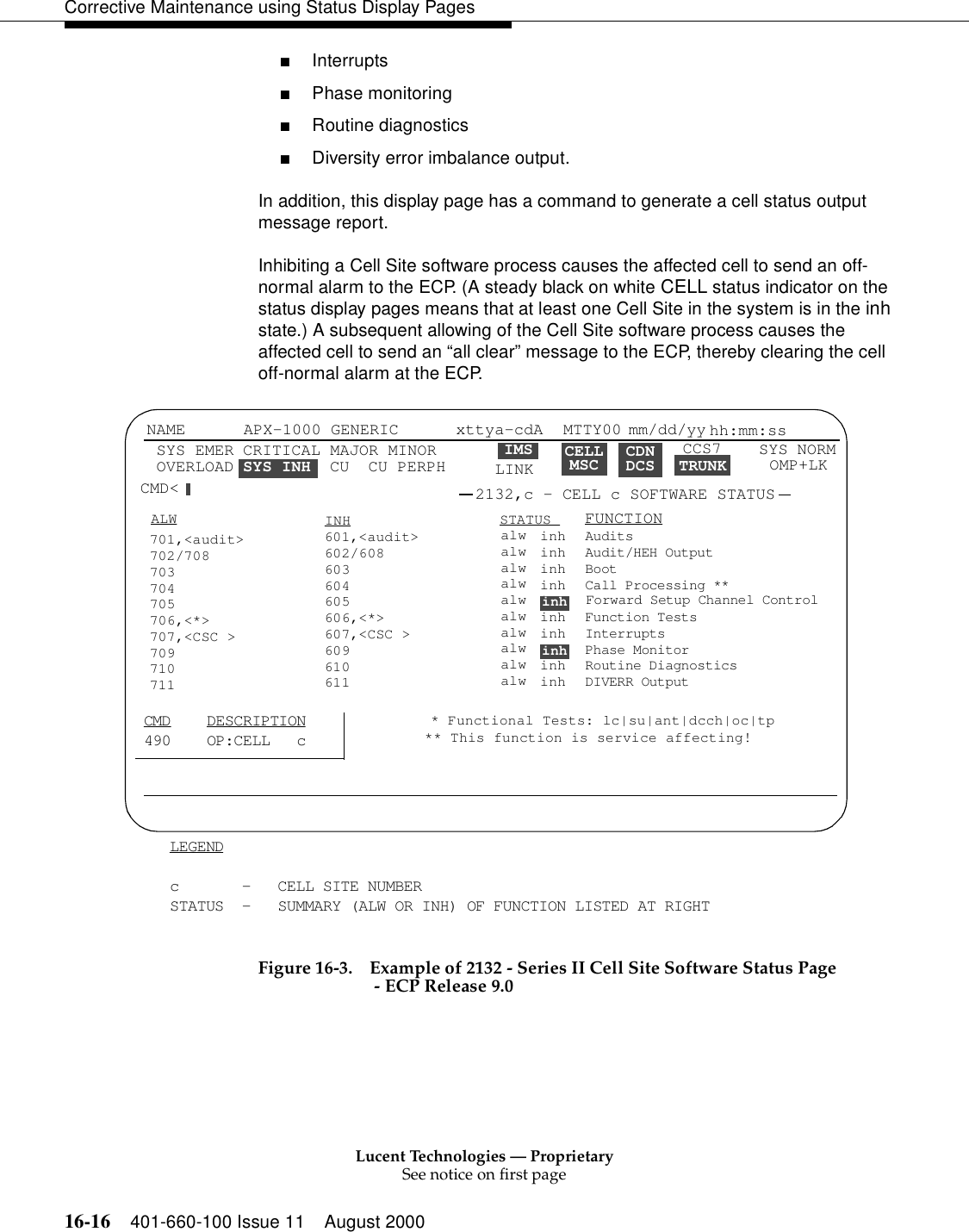 Lucent Technologies — ProprietarySee notice on first page16-16 401-660-100 Issue 11 August 2000Corrective Maintenance using Status Display Pages■Interrupts■Phase monitoring■Routine diagnostics■Diversity error imbalance output.In addition, this display page has a command to generate a cell status output message report. Inhibiting a Cell Site software process causes the affected cell to send an off-normal alarm to the ECP. (A steady black on white CELL status indicator on the status display pages means that at least one Cell Site in the system is in the inh state.) A subsequent allowing of the Cell Site software process causes the affected cell to send an “all clear” message to the ECP, thereby clearing the cell off-normal alarm at the ECP.Figure 16-3. Example of 2132 - Series II Cell Site Software Status Page - ECP Release 9.0CELLMSC CDNDCS TRUNKLEGENDc       -   CELL SITE NUMBERSTATUS  -   SUMMARY (ALW OR INH) OF FUNCTION LISTED AT RIGHTNAME SYS EMER OVERLOAD APX-1000 GENERIC xttya-cdAIMS LINKMTTY00 mm/dd/yy hh:mm:ssSYS NORMCMD&lt; 2132,c - CELL c SOFTWARE STATUSCRITICAL MAJOR MINORSYS INH  CU  CU PERPHCCS7 CMD    DESCRIPTION 490    OP:CELL   c701,&lt;audit&gt;702/708703704705706,&lt;*&gt;707,&lt;CSC &gt;709710711601,&lt;audit&gt;602/608603604605606,&lt;*&gt;607,&lt;CSC &gt;609610611ALW INH STATUS  FUNCTIONalwalwalwalwalwalwalwalwalwalwinhinhinhinhinhinhinhinhinhinhAuditsAudit/HEH OutputBootCall Processing **Forward Setup Channel ControlFunction TestsInterruptsPhase MonitorRoutine DiagnosticsDIVERR Output** This function is service affecting!inhinh* Functional Tests: lc|su|ant|dcch|oc|tpOMP+LK