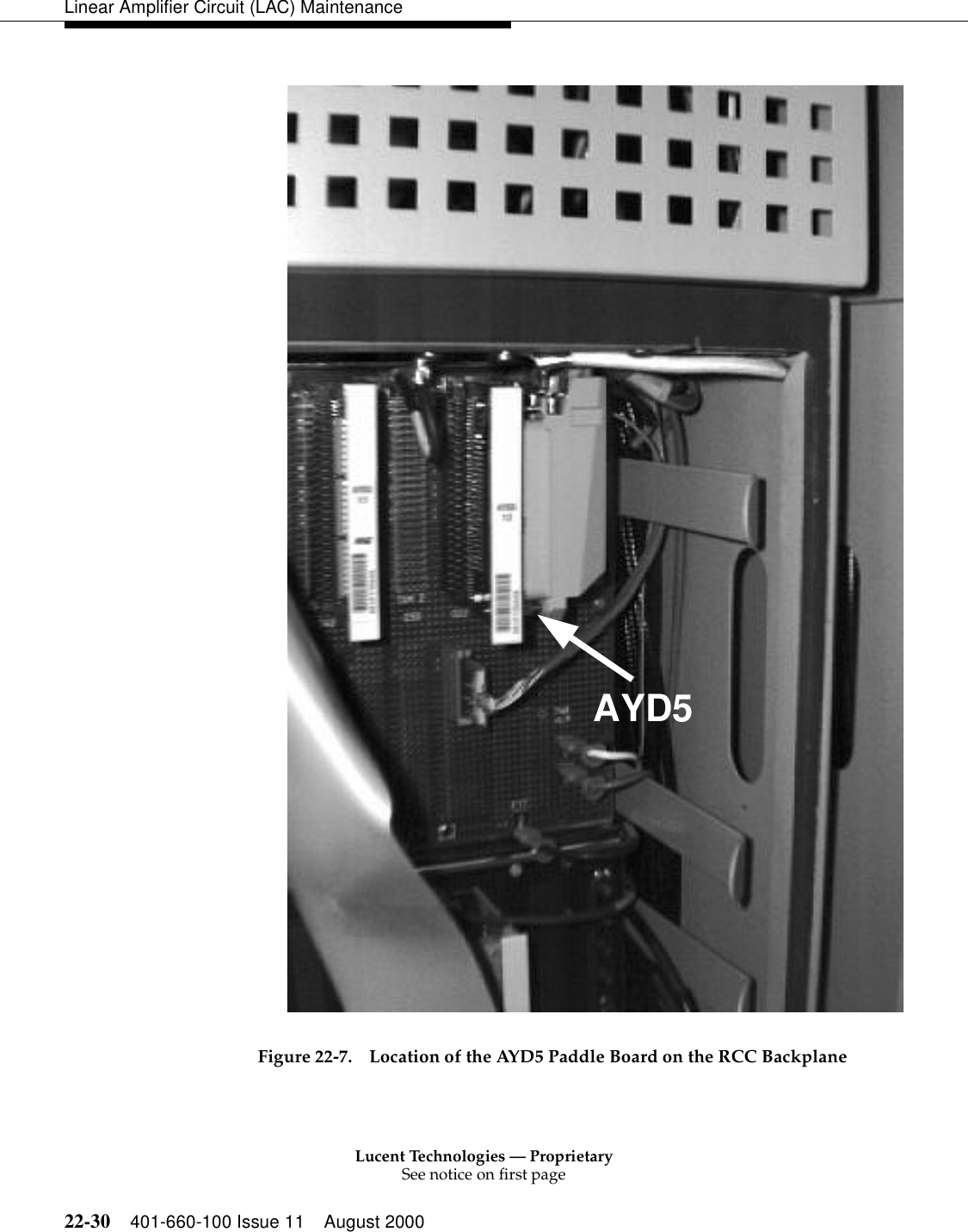 Lucent Technologies — ProprietarySee notice on first page22-30 401-660-100 Issue 11 August 2000Linear Amplifier Circuit (LAC) MaintenanceFigure 22-7. Location of the AYD5 Paddle Board on the RCC Backplane AYD5