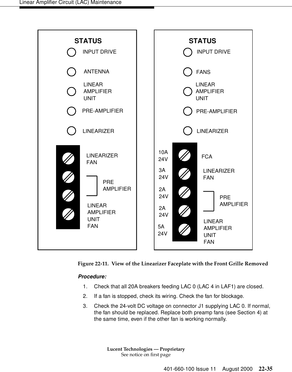 Lucent Technologies — ProprietarySee notice on first page401-660-100 Issue 11 August 2000 22-35Linear Amplifier Circuit (LAC) MaintenanceFigure 22-11. View of the Linearizer Faceplate with the Front Grille Removed Procedure: 1. Check that all 20A breakers feeding LAC 0 (LAC 4 in LAF1) are closed. 2. If a fan is stopped, check its wiring. Check the fan for blockage. 3. Check the 24-volt DC voltage on connector J1 supplying LAC 0. If normal, the fan should be replaced. Replace both preamp fans (see Section 4) at the same time, even if the other fan is working normally. INPUT DRIVEANTENNAPRE-AMPLIFIERLINEARIZERINPUT DRIVEFANSFCASTATUSLINEARIZERFANLINEARAMPLIFIERUNITFANPREAMPLIFIERSTATUSLINEARIZERFANLINEARAMPLIFIERUNITFANPREAMPLIFIERPRE-AMPLIFIERLINEARIZER10A24V3A24V2A24V2A24V5A24VLINEARAMPLIFIERUNITLINEARAMPLIFIERUNIT