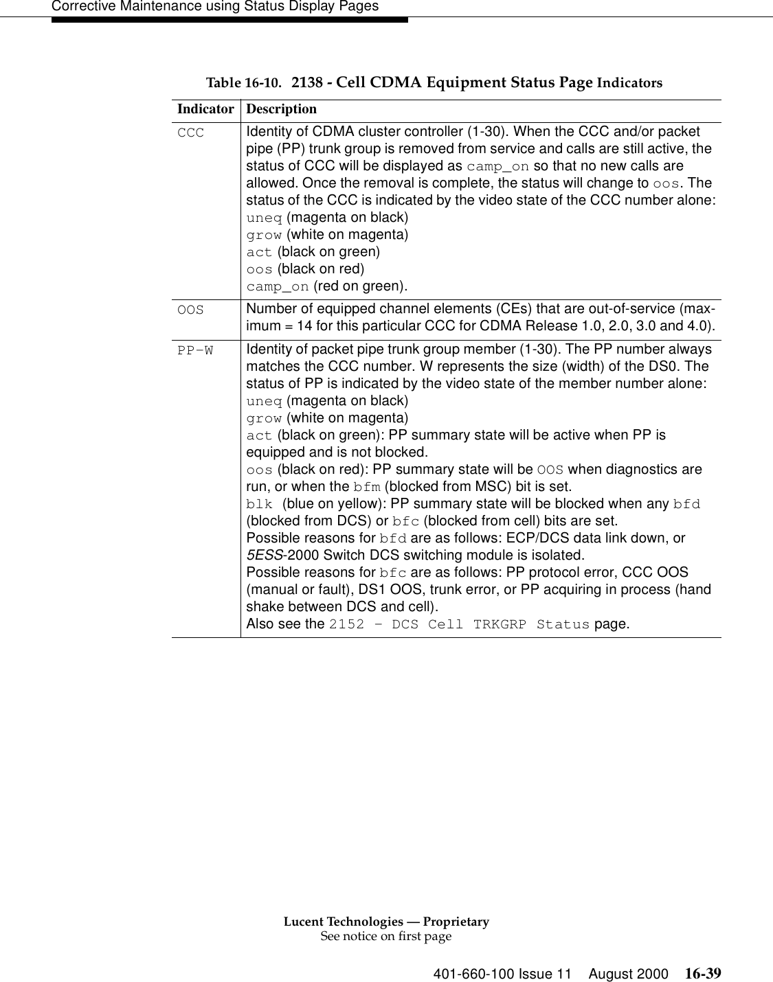 Lucent Technologies — ProprietarySee notice on first page401-660-100 Issue 11 August 2000 16-39Corrective Maintenance using Status Display Pages Table 16-10. 2138 - Cell CDMA Equipment Status Page Indicators Indicator DescriptionCCC Identity of CDMA cluster controller (1-30). When the CCC and/or packet pipe (PP) trunk group is removed from service and calls are still active, the status of CCC will be displayed as camp_on so that no new calls are allowed. Once the removal is complete, the status will change to oos. The status of the CCC is indicated by the video state of the CCC number alone:uneq (magenta on black)grow (white on magenta)act (black on green)oos (black on red)camp_on (red on green).OOS Number of equipped channel elements (CEs) that are out-of-service (max-imum = 14 for this particular CCC for CDMA Release 1.0, 2.0, 3.0 and 4.0).PP-W Identity of packet pipe trunk group member (1-30). The PP number always matches the CCC number. W represents the size (width) of the DS0. The status of PP is indicated by the video state of the member number alone:uneq (magenta on black)grow (white on magenta)act (black on green): PP summary state will be active when PP is equipped and is not blocked.oos (black on red): PP summary state will be OOS when diagnostics are run, or when the bfm (blocked from MSC) bit is set.blk (blue on yellow): PP summary state will be blocked when any bfd (blocked from DCS) or bfc (blocked from cell) bits are set.Possible reasons for bfd are as follows: ECP/DCS data link down, or 5ESS-2000 Switch DCS switching module is isolated.Possible reasons for bfc are as follows: PP protocol error, CCC OOS (manual or fault), DS1 OOS, trunk error, or PP acquiring in process (hand shake between DCS and cell).Also see the 2152 - DCS Cell TRKGRP Status page.