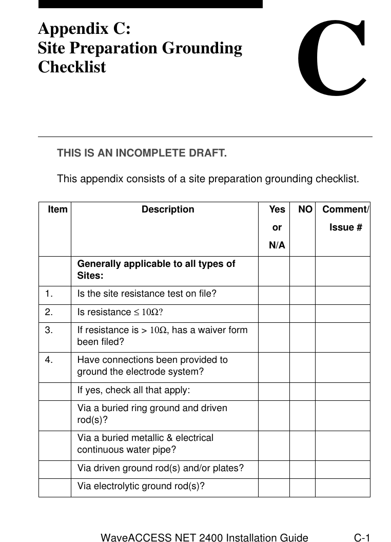 WaveACCESS NET 2400 Installation Guide C-1CAppendix C:Site Preparation Grounding ChecklistTHIS IS AN INCOMPLETE DRAFT.This appendix consists of a site preparation grounding checklist. Item Description YesorN/ANO Comment/Issue #Generally applicable to all types of Sites:1. Is the site resistance test on file?2. Is resistance ≤ 10Ω?3. If resistance is &gt; 10Ω, has a waiver form been filed?4. Have connections been provided to ground the electrode system?If yes, check all that apply:Via a buried ring ground and driven rod(s)?Via a buried metallic &amp; electrical continuous water pipe?Via driven ground rod(s) and/or plates?Via electrolytic ground rod(s)?