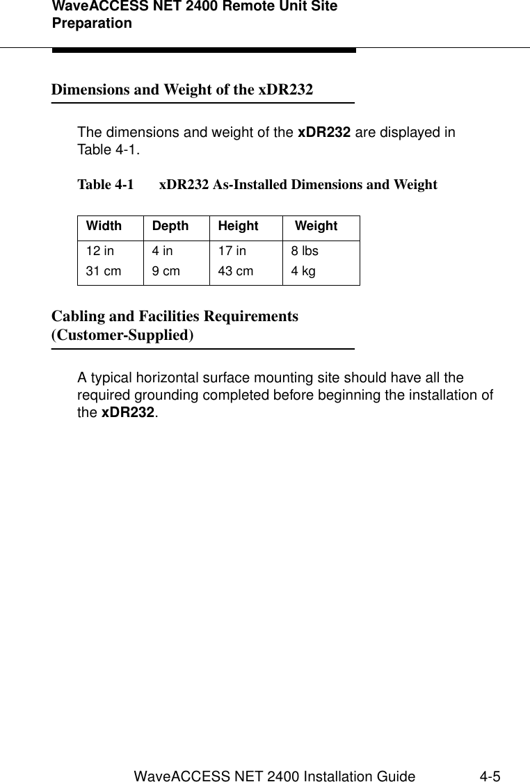 WaveACCESS NET 2400 Remote Unit Site PreparationWaveACCESS NET 2400 Installation Guide 4-5Dimensions and Weight of the xDR232 4The dimensions and weight of the xDR232 are displayed inTable 4-1.Table 4-1   xDR232 As-Installed Dimensions and Weight  Cabling and Facilities Requirements (Customer-Supplied) 4A typical horizontal surface mounting site should have all the required grounding completed before beginning the installation of the xDR232.Width Depth Height  Weight12 in31 cm4 in9 cm17 in43 cm8 lbs4 kg