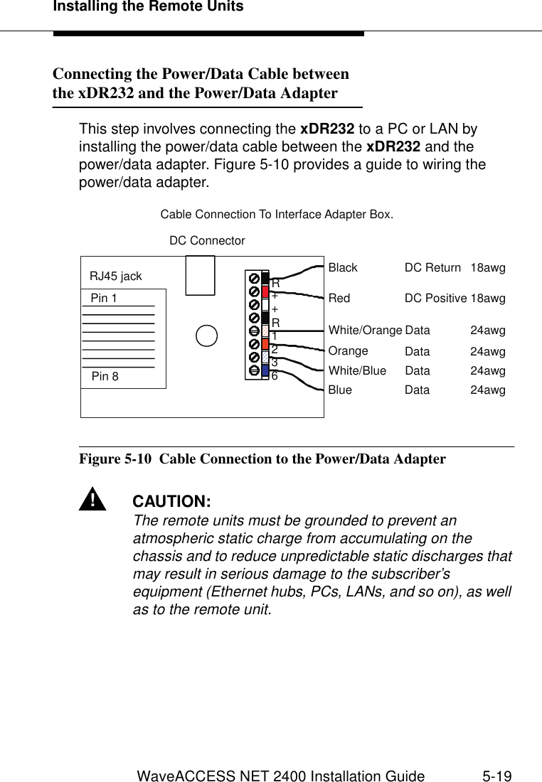 Installing the Remote UnitsWaveACCESS NET 2400 Installation Guide 5-19Connecting the Power/Data Cable between the xDR232 and the Power/Data Adapter 5This step involves connecting the xDR232 to a PC or LAN by installing the power/data cable between the xDR232 and the power/data adapter. Figure 5-10 provides a guide to wiring the power/data adapter.Figure 5-10  Cable Connection to the Power/Data Adapter!CAUTION:The remote units must be grounded to prevent an atmospheric static charge from accumulating on the chassis and to reduce unpredictable static discharges that may result in serious damage to the subscriber’s equipment (Ethernet hubs, PCs, LANs, and so on), as well as to the remote unit.RR++1236BlueWhite/BlueOrangeWhite/OrangeBlackRedData 24awgData 24awgData 24awgData 24awgDC Return 18awgDC Positive 18awgDC ConnectorRJ45 jackPin 1Pin 8Cable Connection To Interface Adapter Box.