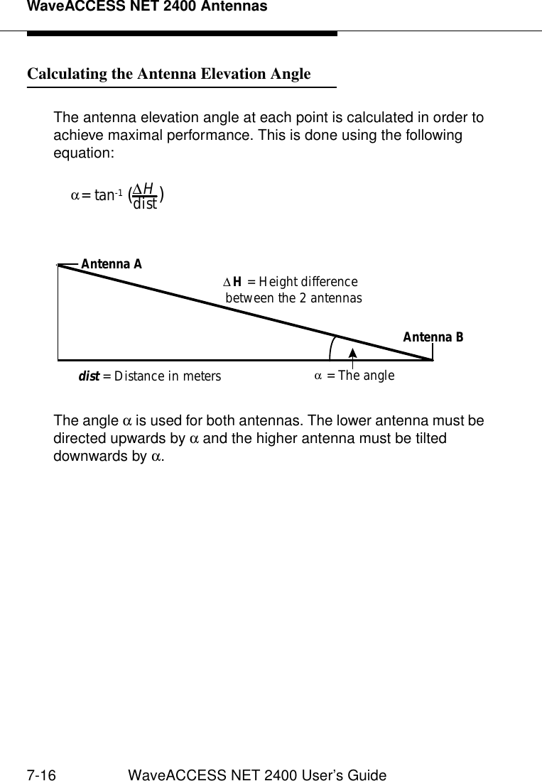 WaveACCESS NET 2400 Antennas7-16 WaveACCESS NET 2400 User’s GuideCalculating the Antenna Elevation Angle 7The antenna elevation angle at each point is calculated in order to achieve maximal performance. This is done using the following equation:The angle α is used for both antennas. The lower antenna must be directed upwards by α and the higher antenna must be tilted downwards by α. = tan-1 ( dist  )αH∆Antenna BAntenna Adist = Distance in meters α = The angle∆  H = Height differencebetween the 2 antennas