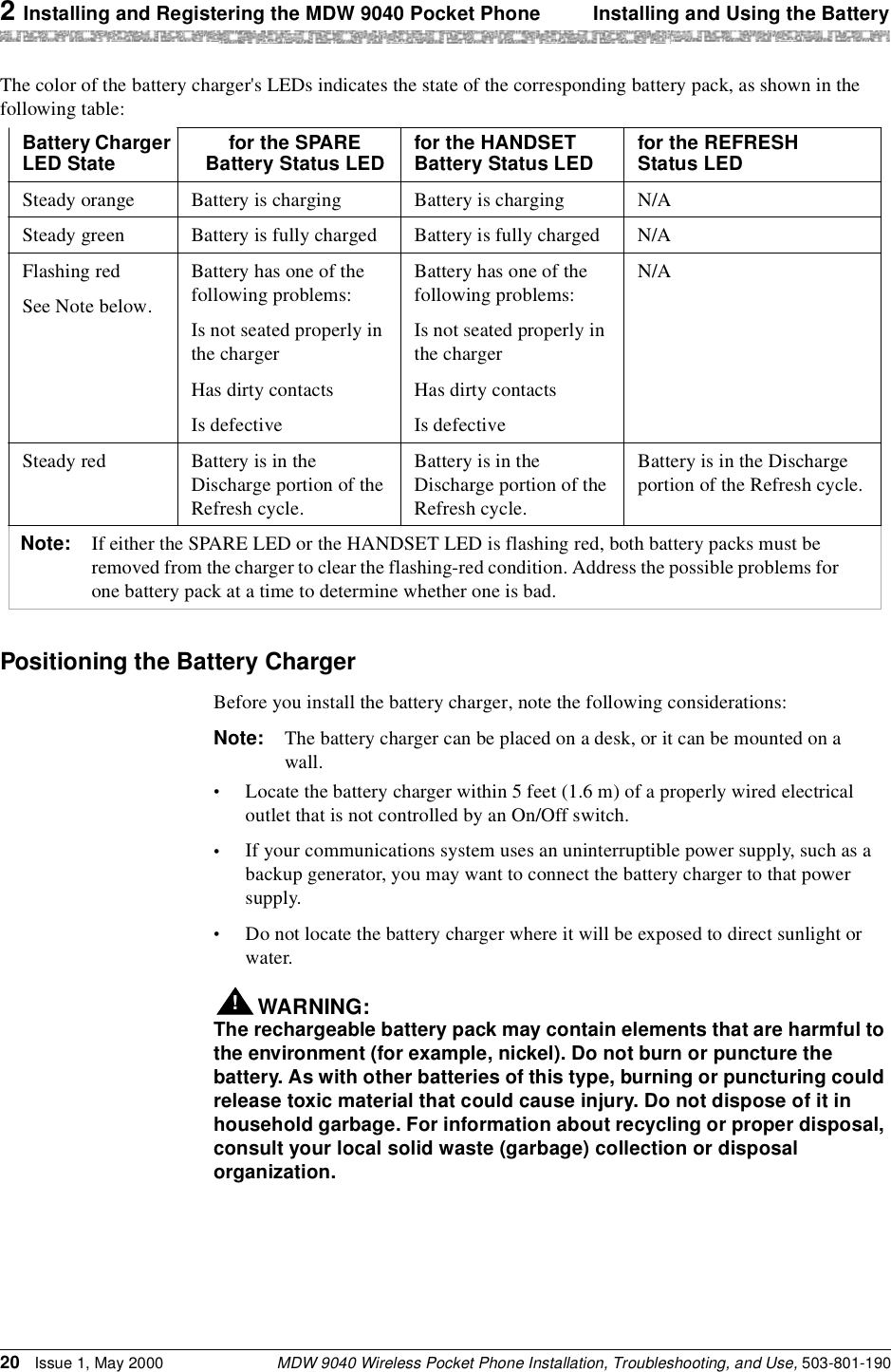 2 Installing and Registering the MDW 9040 Pocket Phone Installing and Using the BatteryMDW 9040 Wireless Pocket Phone Installation, Troubleshooting, and Use, 503-801-19020 Issue 1, May 2000The color of the battery charger&apos;s LEDs indicates the state of the corresponding battery pack, as shown in the following table:Positioning the Battery ChargerBefore you install the battery charger, note the following considerations:Note: The battery charger can be placed on a desk, or it can be mounted on a wall.•Locate the battery charger within 5 feet (1.6 m) of a properly wired electrical outlet that is not controlled by an On/Off switch.•If your communications system uses an uninterruptible power supply, such as a backup generator, you may want to connect the battery charger to that power supply.•Do not locate the battery charger where it will be exposed to direct sunlight or water.WARNING:!The rechargeable battery pack may contain elements that are harmful to the environment (for example, nickel). Do not burn or puncture the battery. As with other batteries of this type, burning or puncturing could release toxic material that could cause injury. Do not dispose of it in household garbage. For information about recycling or proper disposal, consult your local solid waste (garbage) collection or disposal organization.Battery Charger LED State for the SPARE Battery Status LED for the HANDSET Battery Status LED for the REFRESH Status LEDSteady orange Battery is charging Battery is charging N/ASteady green Battery is fully charged Battery is fully charged N/AFlashing redSee Note below.Battery has one of the following problems:Is not seated properly in the chargerHas dirty contactsIs defectiveBattery has one of the following problems:Is not seated properly in the chargerHas dirty contactsIs defectiveN/ASteady red Battery is in the Discharge portion of the Refresh cycle.Battery is in the Discharge portion of the Refresh cycle.Battery is in the Discharge portion of the Refresh cycle.Note: If either the SPARE LED or the HANDSET LED is flashing red, both battery packs must be removed from the charger to clear the flashing-red condition. Address the possible problems for one battery pack at a time to determine whether one is bad.