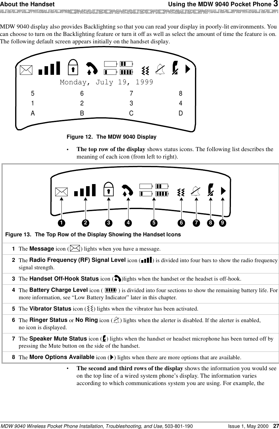 About the Handset  Using the MDW 9040 Pocket Phone 3MDW 9040 Wireless Pocket Phone Installation, Troubleshooting, and Use, 503-801-190 Issue 1, May 2000 27MDW 9040 display also provides Backlighting so that you can read your display in poorly-lit environments. You can choose to turn on the Backlighting feature or turn it off as well as select the amount of time the feature is on. The following default screen appears initially on the handset display.Figure 12. The MDW 9040 Display•The top row of the display shows status icons. The following list describes the meaning of each icon (from left to right). •The second and third rows of the display shows the information you would see on the top line of a wired system phone’s display. The information varies according to which communications system you are using. For example, the Monday, July 19, 199951A62B73C84DFigure 13. The Top Row of the Display Showing the Handset Icons1  The Message icon ( ) lights when you have a message.2  The Radio Frequency (RF) Signal Level icon ( ) is divided into four bars to show the radio frequency signal strength.3  The Handset Off-Hook Status icon ( )lights when the handset or the headset is off-hook.4  The Battery Charge Level icon ( ) is divided into four sections to show the remaining battery life. For more information, see “Low Battery Indicator” later in this chapter.5  The Vibrator Status icon ( ) lights when the vibrator has been activated.6  The Ringer Status or No Ring icon ( ) lights when the alerter is disabled. If the alerter is enabled, no icon is displayed.7  The Speaker Mute Status icon ( ) lights when the handset or headset microphone has been turned off by pressing the Mute button on the side of the handset.8  The More Options Available icon ( ) lights when there are more options that are available.1 2 3 4 5 2 7 8 96
