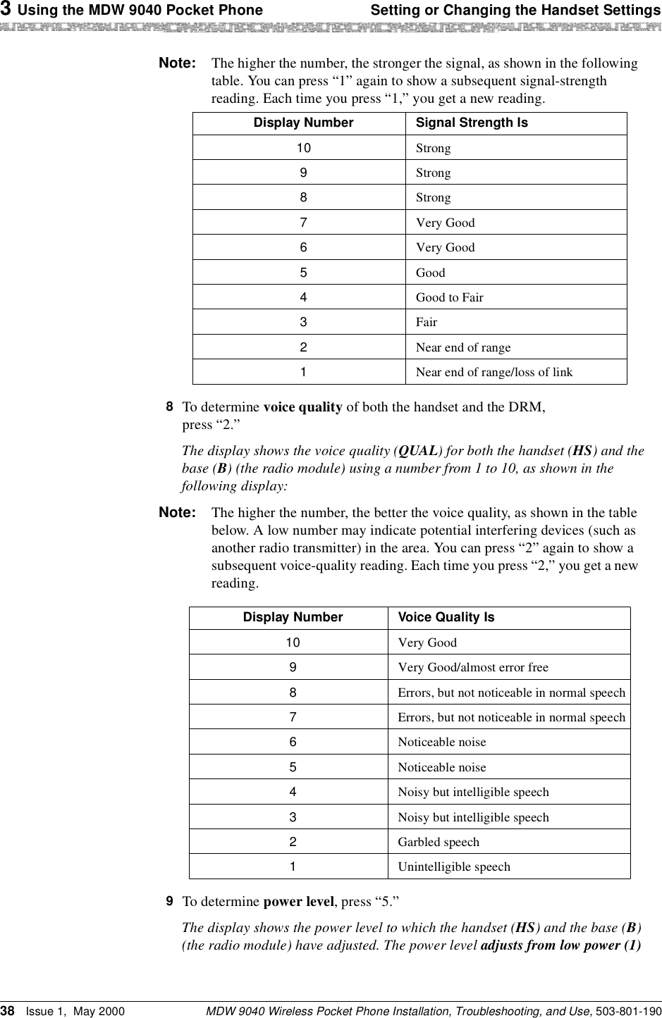 3 Using the MDW 9040 Pocket Phone Setting or Changing the Handset SettingsMDW 9040 Wireless Pocket Phone Installation, Troubleshooting, and Use, 503-801-19038 Issue 1,  May 2000Note: The higher the number, the stronger the signal, as shown in the following table. You can press “1” again to show a subsequent signal-strength reading. Each time you press “1,” you get a new reading.8  To determine voice quality of both the handset and the DRM, press “2.”The display shows the voice quality (QUAL) for both the handset (HS) and the base (B) (the radio module) using a number from 1 to 10, as shown in the following display:Note: The higher the number, the better the voice quality, as shown in the table below. A low number may indicate potential interfering devices (such as another radio transmitter) in the area. You can press “2” again to show a subsequent voice-quality reading. Each time you press “2,” you get a new reading. 9  To determine power level, press “5.”The display shows the power level to which the handset (HS) and the base (B) (the radio module) have adjusted. The power level adjusts from low power (1) Display Number Signal Strength Is10 Strong9Strong8Strong7Very Good 6Very Good5Good4Good to Fair 3Fair2Near end of range1Near end of range/loss of linkDisplay Number Voice Quality Is10 Very Good 9Very Good/almost error free8Errors, but not noticeable in normal speech7Errors, but not noticeable in normal speech6Noticeable noise5Noticeable noise4Noisy but intelligible speech3Noisy but intelligible speech2Garbled speech1Unintelligible speech