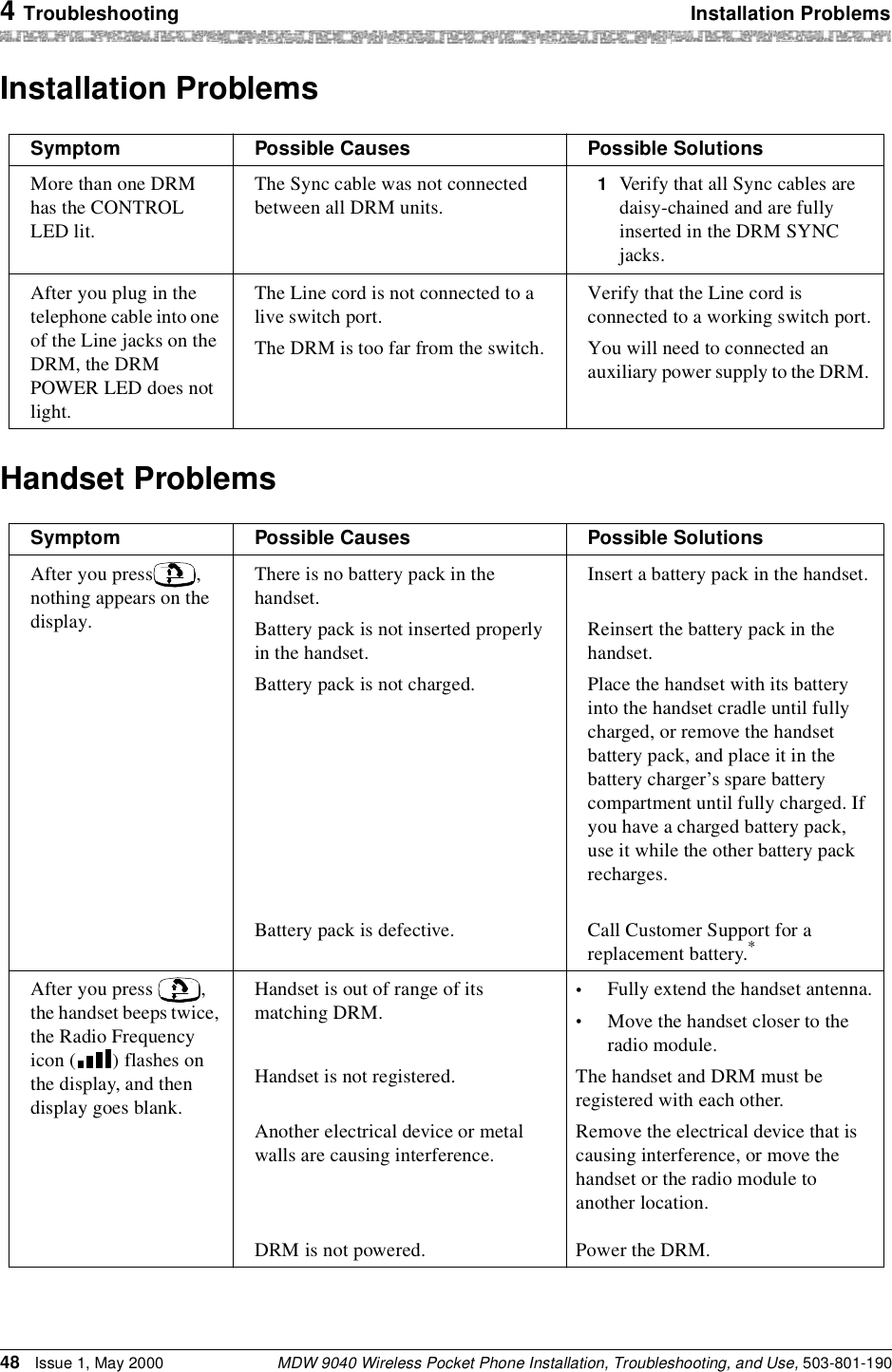 4 Troubleshooting Installation ProblemsMDW 9040 Wireless Pocket Phone Installation, Troubleshooting, and Use, 503-801-19048 Issue 1, May 2000Installation ProblemsHandset ProblemsSymptom Possible Causes Possible SolutionsMore than one DRM has the CONTROL LED lit.The Sync cable was not connected between all DRM units.1  Verify that all Sync cables are daisy-chained and are fully inserted in the DRM SYNC jacks.After you plug in the telephone cable into one of the Line jacks on the DRM, the DRM POWER LED does not light.The Line cord is not connected to a live switch port.The DRM is too far from the switch.Verify that the Line cord is connected to a working switch port.You will need to connected an auxiliary power supply to the DRM. Symptom Possible Causes Possible SolutionsAfter you press , nothing appears on the display.There is no battery pack in the handset.Battery pack is not inserted properly in the handset.Battery pack is not charged.Battery pack is defective.Insert a battery pack in the handset.Reinsert the battery pack in the handset.Place the handset with its battery into the handset cradle until fully charged, or remove the handset battery pack, and place it in the battery charger’s spare battery compartment until fully charged. If you have a charged battery pack, use it while the other battery pack recharges.Call Customer Support for a replacement battery.*After you press  , the handset beeps twice, the Radio Frequency icon ( ) flashes on the display, and then display goes blank.Handset is out of range of its matching DRM.Handset is not registered.Another electrical device or metal walls are causing interference.DRM is not powered.•Fully extend the handset antenna.•Move the handset closer to the radio module.The handset and DRM must be registered with each other.Remove the electrical device that is causing interference, or move the handset or the radio module to another location.Power the DRM.
