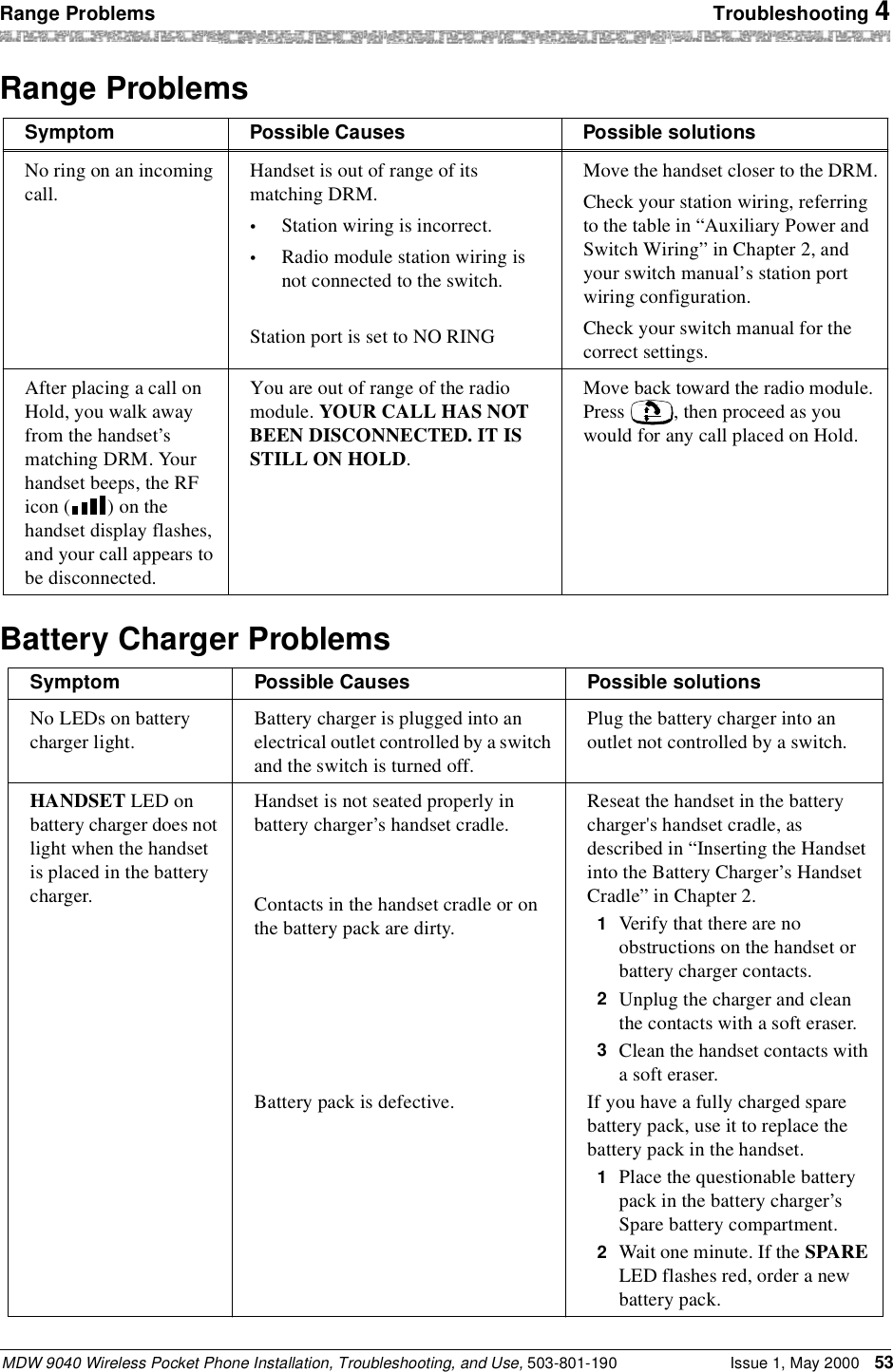 Range Problems  Troubleshooting 4MDW 9040 Wireless Pocket Phone Installation, Troubleshooting, and Use, 503-801-190 Issue 1, May 2000 53Range ProblemsBattery Charger ProblemsSymptom Possible Causes Possible solutionsNo ring on an incoming call.Handset is out of range of its matching DRM.•Station wiring is incorrect.•Radio module station wiring is not connected to the switch.Station port is set to NO RINGMove the handset closer to the DRM.Check your station wiring, referring to the table in “Auxiliary Power and Switch Wiring” in Chapter 2, and your switch manual’s station port wiring configuration.Check your switch manual for the correct settings.After placing a call on Hold, you walk away from the handset’s matching DRM. Your handset beeps, the RF icon ( ) on the handset display flashes, and your call appears to be disconnected.You are out of range of the radio module. YOUR CALL HAS NOT BEEN DISCONNECTED. IT IS STILL ON HOLD.Move back toward the radio module. Press  , then proceed as you would for any call placed on Hold.Symptom Possible Causes Possible solutionsNo LEDs on battery charger light.Battery charger is plugged into an electrical outlet controlled by a switch and the switch is turned off.Plug the battery charger into an outlet not controlled by a switch.HANDSET LED on battery charger does not light when the handset is placed in the battery charger.Handset is not seated properly in battery charger’s handset cradle.Contacts in the handset cradle or on the battery pack are dirty.Battery pack is defective.Reseat the handset in the battery charger&apos;s handset cradle, as described in “Inserting the Handset into the Battery Charger’s Handset Cradle” in Chapter 2.1  Verify that there are no obstructions on the handset or battery charger contacts.2  Unplug the charger and clean the contacts with a soft eraser.3  Clean the handset contacts with a soft eraser.If you have a fully charged spare battery pack, use it to replace the battery pack in the handset.1  Place the questionable battery pack in the battery charger’s Spare battery compartment.2  Wait one minute. If the SPARE LED flashes red, order a new battery pack.