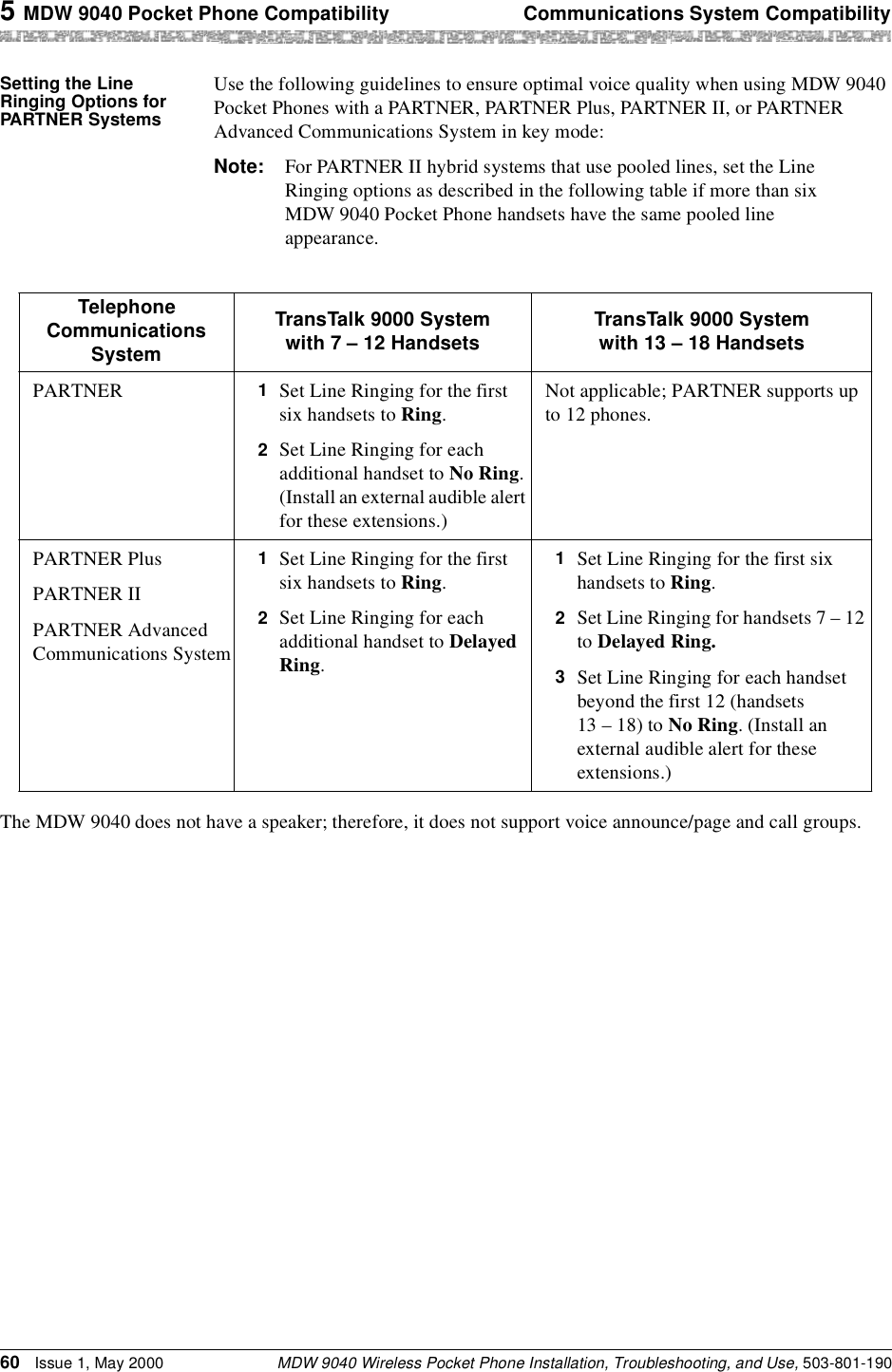 5 MDW 9040 Pocket Phone Compatibility Communications System CompatibilityMDW 9040 Wireless Pocket Phone Installation, Troubleshooting, and Use, 503-801-19060 Issue 1, May 2000Setting the Line Ringing Options for PARTNER SystemsUse the following guidelines to ensure optimal voice quality when using MDW 9040 Pocket Phones with a PARTNER, PARTNER Plus, PARTNER II, or PARTNER Advanced Communications System in key mode:Note: For PARTNER II hybrid systems that use pooled lines, set the Line Ringing options as described in the following table if more than six MDW 9040 Pocket Phone handsets have the same pooled line appearance.The MDW 9040 does not have a speaker; therefore, it does not support voice announce/page and call groups.Telephone Communications SystemTransTalk 9000 System with 7 – 12 Handsets TransTalk 9000 System with 13 – 18 HandsetsPARTNER 1  Set Line Ringing for the first six handsets to Ring.2  Set Line Ringing for each additional handset to No Ring. (Install an external audible alert for these extensions.)Not applicable; PARTNER supports up to 12 phones.PARTNER PlusPARTNER IIPARTNER Advanced Communications System1  Set Line Ringing for the first six handsets to Ring.2  Set Line Ringing for each additional handset to Delayed Ring.1  Set Line Ringing for the first six handsets to Ring.2  Set Line Ringing for handsets 7 – 12 to Delayed Ring.3  Set Line Ringing for each handset beyond the first 12 (handsets 13 – 18) to No Ring. (Install an external audible alert for these extensions.)
