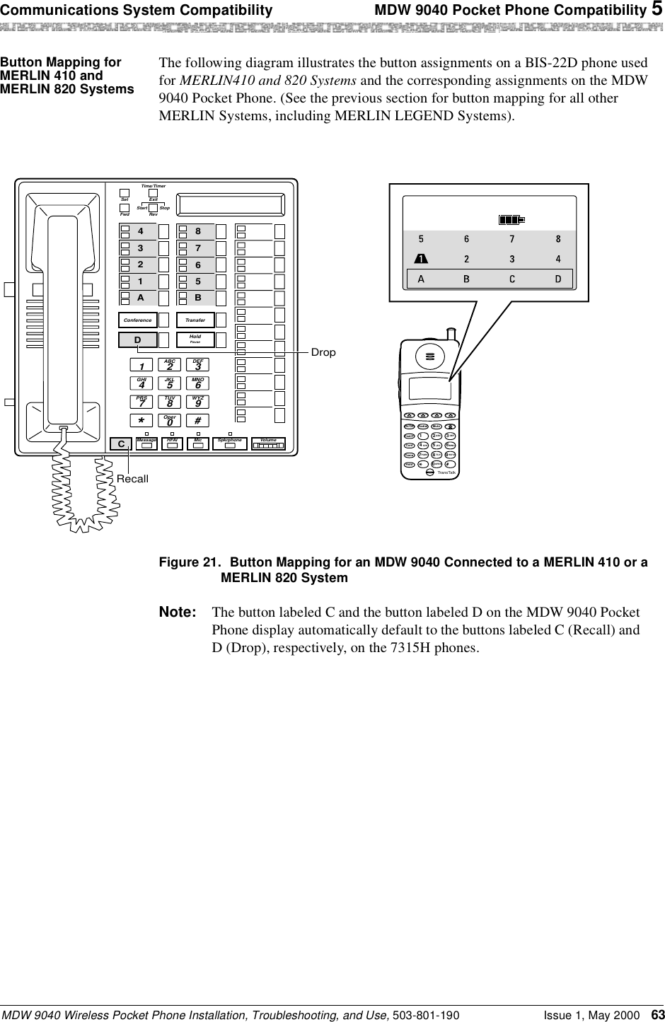 Communications System Compatibility  MDW 9040 Pocket Phone Compatibility 5MDW 9040 Wireless Pocket Phone Installation, Troubleshooting, and Use, 503-801-190 Issue 1, May 2000 63Button Mapping for MERLIN 410 and MERLIN 820 SystemsThe following diagram illustrates the button assignments on a BIS-22D phone used for MERLIN410 and 820 Systems and the corresponding assignments on the MDW 9040 Pocket Phone. (See the previous section for button mapping for all other MERLIN Systems, including MERLIN LEGEND Systems).Figure 21. Button Mapping for an MDW 9040 Connected to a MERLIN 410 or a MERLIN 820 SystemNote: The button labeled C and the button labeled D on the MDW 9040 Pocket Phone display automatically default to the buttons labeled C (Recall) and D (Drop), respectively, on the 7315H phones.AB23465MSG212 555 1212ON78CD1TransTalkOn/OffFeat/PConfGHIPQRSOPERTransHoldRedial124JKLABC3DEF5MNO6TUV80WXYZ97Mute234A12ABC1 3DEF5JKL4GHI6MNO8TUV7PRS9WYZ0Oper*#ConferenceFwdSetStartRevExitTime/TimerHoldPauseTransferMessageStopHFAI Mic Spkrphone VolumeA87B541326DCDropRecall