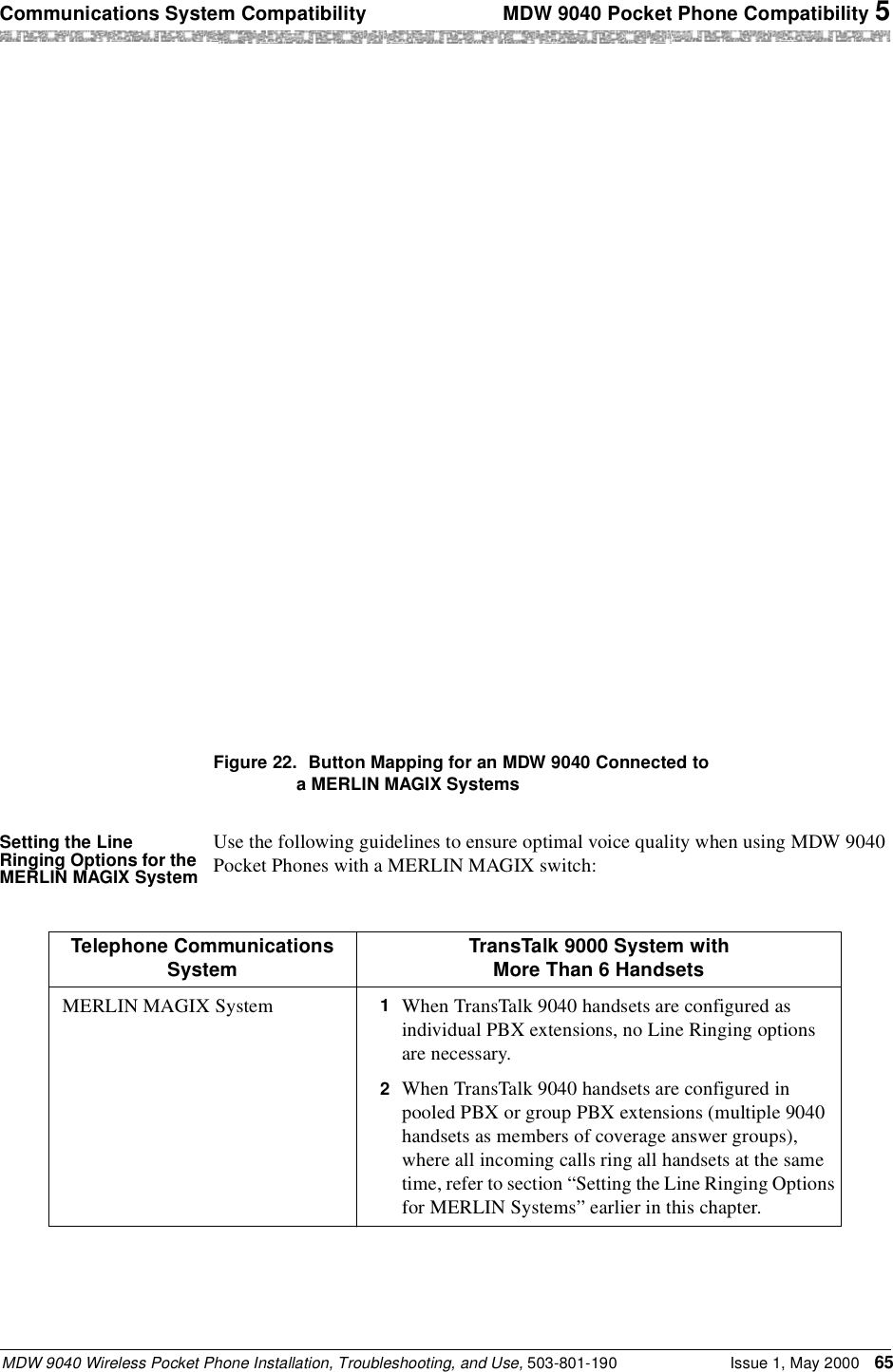 Communications System Compatibility  MDW 9040 Pocket Phone Compatibility 5MDW 9040 Wireless Pocket Phone Installation, Troubleshooting, and Use, 503-801-190 Issue 1, May 2000 65Figure 22. Button Mapping for an MDW 9040 Connected to a MERLIN MAGIX SystemsSetting the Line Ringing Options for the MERLIN MAGIX SystemUse the following guidelines to ensure optimal voice quality when using MDW 9040 Pocket Phones with a MERLIN MAGIX switch:Telephone Communications System TransTalk 9000 System with More Than 6 HandsetsMERLIN MAGIX System 1  When TransTalk 9040 handsets are configured as individual PBX extensions, no Line Ringing options are necessary.2  When TransTalk 9040 handsets are configured in pooled PBX or group PBX extensions (multiple 9040 handsets as members of coverage answer groups), where all incoming calls ring all handsets at the same time, refer to section “Setting the Line Ringing Options for MERLIN Systems” earlier in this chapter. 