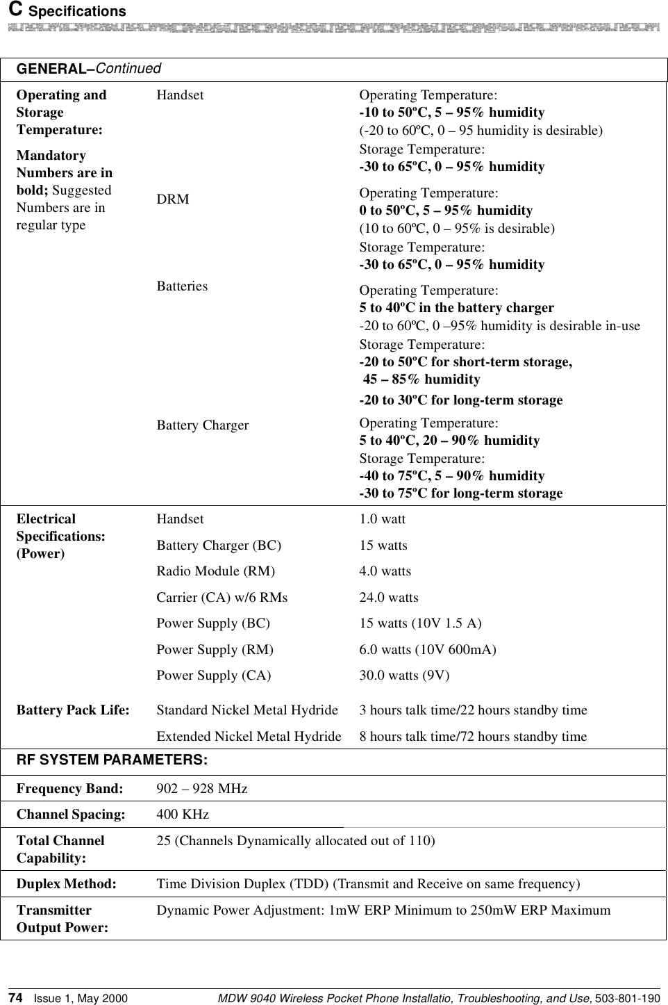 C SpecificationsMDW 9040 Wireless Pocket Phone Installatio, Troubleshooting, and Use, 503-801-19074 Issue 1, May 2000Operating and Storage Temperature:Mandatory Numbers are in bold; Suggested Numbers are in regular typeHandsetDRMBatteriesBattery ChargerOperating Temperature:-10 to 50ºC, 5 – 95% humidity(-20 to 60ºC, 0 – 95 humidity is desirable)Storage Temperature:-30 to 65ºC, 0 – 95% humidityOperating Temperature:0 to 50ºC, 5 – 95% humidity(10 to 60ºC, 0 – 95% is desirable)Storage Temperature:-30 to 65ºC, 0 – 95% humidityOperating Temperature:5 to 40ºC in the battery charger-20 to 60ºC, 0 –95% humidity is desirable in-useStorage Temperature:-20 to 50ºC for short-term storage, 45 – 85% humidity-20 to 30ºC for long-term storageOperating Temperature:5 to 40ºC, 20 – 90% humidityStorage Temperature:-40 to 75ºC, 5 – 90% humidity-30 to 75ºC for long-term storageElectrical Specifications: (Power)Battery Pack Life:HandsetBattery Charger (BC)Radio Module (RM)Carrier (CA) w/6 RMsPower Supply (BC)Power Supply (RM)Power Supply (CA)Standard Nickel Metal HydrideExtended Nickel Metal Hydride1.0 watt15 watts4.0 watts24.0 watts15 watts (10V 1.5 A)6.0 watts (10V 600mA)30.0 watts (9V)3 hours talk time/22 hours standby time8 hours talk time/72 hours standby timeRF SYSTEM PARAMETERS:Frequency Band: 902 – 928 MHzChannel Spacing: 400 KHzTotal Channel Capability: 25 (Channels Dynamically allocated out of 110)Duplex Method: Time Division Duplex (TDD) (Transmit and Receive on same frequency)TransmitterOutput Power: Dynamic Power Adjustment: 1mW ERP Minimum to 250mW ERP MaximumGENERAL–Continued