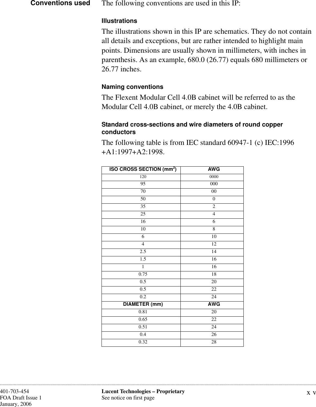 xvLucent Technologies – ProprietarySee notice on first page401-703-454FOA Draft Issue 1January, 2006 ............................................................................................................................................................................................................................................................Conventions used The following conventions are used in this IP:IllustrationsThe illustrations shown in this IP are schematics. They do not contain all details and exceptions, but are rather intended to highlight main points. Dimensions are usually shown in millimeters, with inches in parenthesis. As an example, 680.0 (26.77) equals 680 millimeters or 26.77 inches.Naming conventionsThe Flexent Modular Cell 4.0B cabinet will be referred to as the Modular Cell 4.0B cabinet, or merely the 4.0B cabinet.Standard cross-sections and wire diameters of round copper conductorsThe following table is from IEC standard 60947-1 (c) IEC:1996 +A1:1997+A2:1998. ISO CROSS SECTION (mm2)AWG120 000095 00070 0050 035 225 416 610 86104122.5 141.5 161160.75 180.5 200.5 220.2 24DIAMETER (mm) AWG0.81 200.65 220.51 240.4 260.32 28