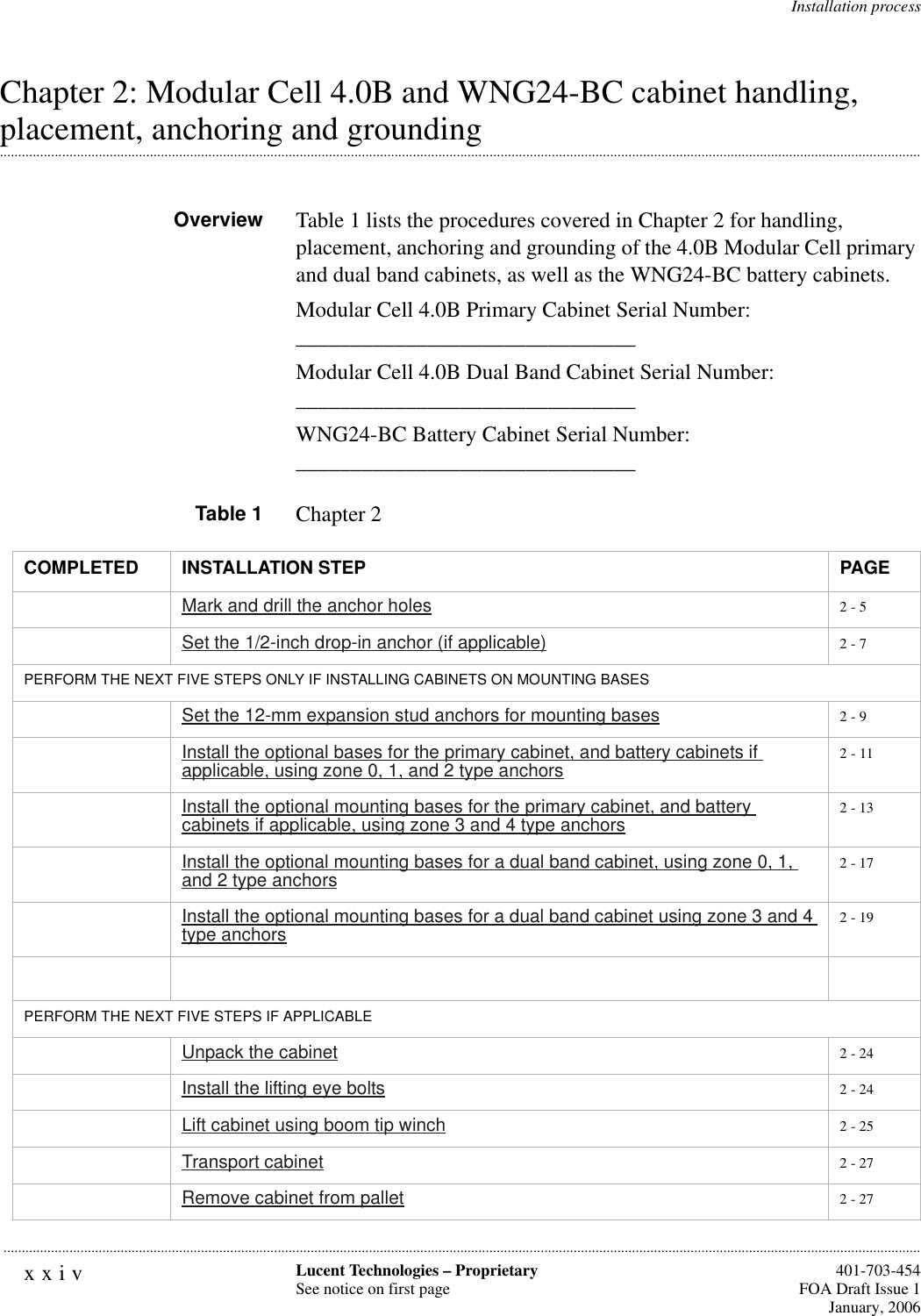 xxiv Lucent Technologies – ProprietarySee notice on first page  401-703-454FOA Draft Issue 1January, 2006...........................................................................................................................................................................................................................................................Installation processChapter 2: Modular Cell 4.0B and WNG24-BC cabinet handling, .............................................................................................................................................................................................................................................................placement, anchoring and groundingOverview Table 1 lists the procedures covered in Chapter 2 for handling, placement, anchoring and grounding of the 4.0B Modular Cell primary and dual band cabinets, as well as the WNG24-BC battery cabinets. Modular Cell 4.0B Primary Cabinet Serial Number: _______________________________Modular Cell 4.0B Dual Band Cabinet Serial Number: _______________________________WNG24-BC Battery Cabinet Serial Number: _______________________________Table 1 Chapter 2COMPLETED INSTALLATION STEP PAGEMark and drill the anchor holes 2 - 5Set the 1/2-inch drop-in anchor (if applicable) 2 - 7PERFORM THE NEXT FIVE STEPS ONLY IF INSTALLING CABINETS ON MOUNTING BASESSet the 12-mm expansion stud anchors for mounting bases 2 - 9Install the optional bases for the primary cabinet, and battery cabinets if applicable, using zone 0, 1, and 2 type anchors 2 - 11Install the optional mounting bases for the primary cabinet, and battery cabinets if applicable, using zone 3 and 4 type anchors 2 - 13Install the optional mounting bases for a dual band cabinet, using zone 0, 1, and 2 type anchors 2 - 17Install the optional mounting bases for a dual band cabinet using zone 3 and 4 type anchors 2 - 19PERFORM THE NEXT FIVE STEPS IF APPLICABLEUnpack the cabinet 2 - 24Install the lifting eye bolts 2 - 24Lift cabinet using boom tip winch 2 - 25Transport cabinet 2 - 27Remove cabinet from pallet 2 - 27