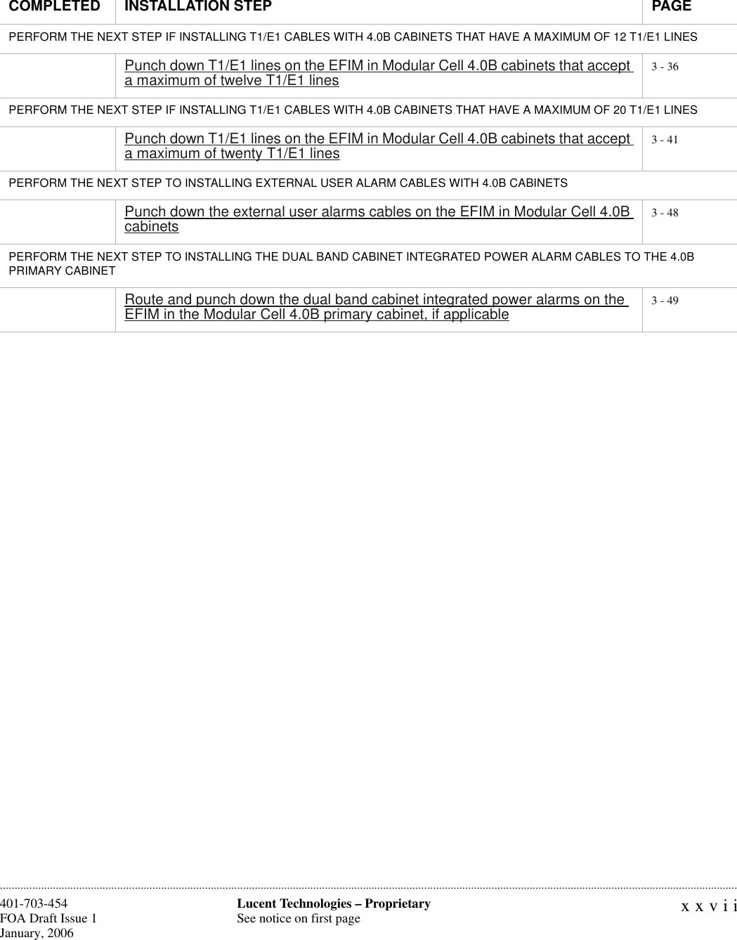 xxviiLucent Technologies – ProprietarySee notice on first page401-703-454FOA Draft Issue 1January, 2006 ............................................................................................................................................................................................................................................................PERFORM THE NEXT STEP IF INSTALLING T1/E1 CABLES WITH 4.0B CABINETS THAT HAVE A MAXIMUM OF 12 T1/E1 LINESPunch down T1/E1 lines on the EFIM in Modular Cell 4.0B cabinets that accept a maximum of twelve T1/E1 lines 3 - 36PERFORM THE NEXT STEP IF INSTALLING T1/E1 CABLES WITH 4.0B CABINETS THAT HAVE A MAXIMUM OF 20 T1/E1 LINESPunch down T1/E1 lines on the EFIM in Modular Cell 4.0B cabinets that accept a maximum of twenty T1/E1 lines 3 - 41PERFORM THE NEXT STEP TO INSTALLING EXTERNAL USER ALARM CABLES WITH 4.0B CABINETS Punch down the external user alarms cables on the EFIM in Modular Cell 4.0B cabinets 3 - 48PERFORM THE NEXT STEP TO INSTALLING THE DUAL BAND CABINET INTEGRATED POWER ALARM CABLES TO THE 4.0B PRIMARY CABINET Route and punch down the dual band cabinet integrated power alarms on the EFIM in the Modular Cell 4.0B primary cabinet, if applicable 3 - 49COMPLETED INSTALLATION STEP PAGE