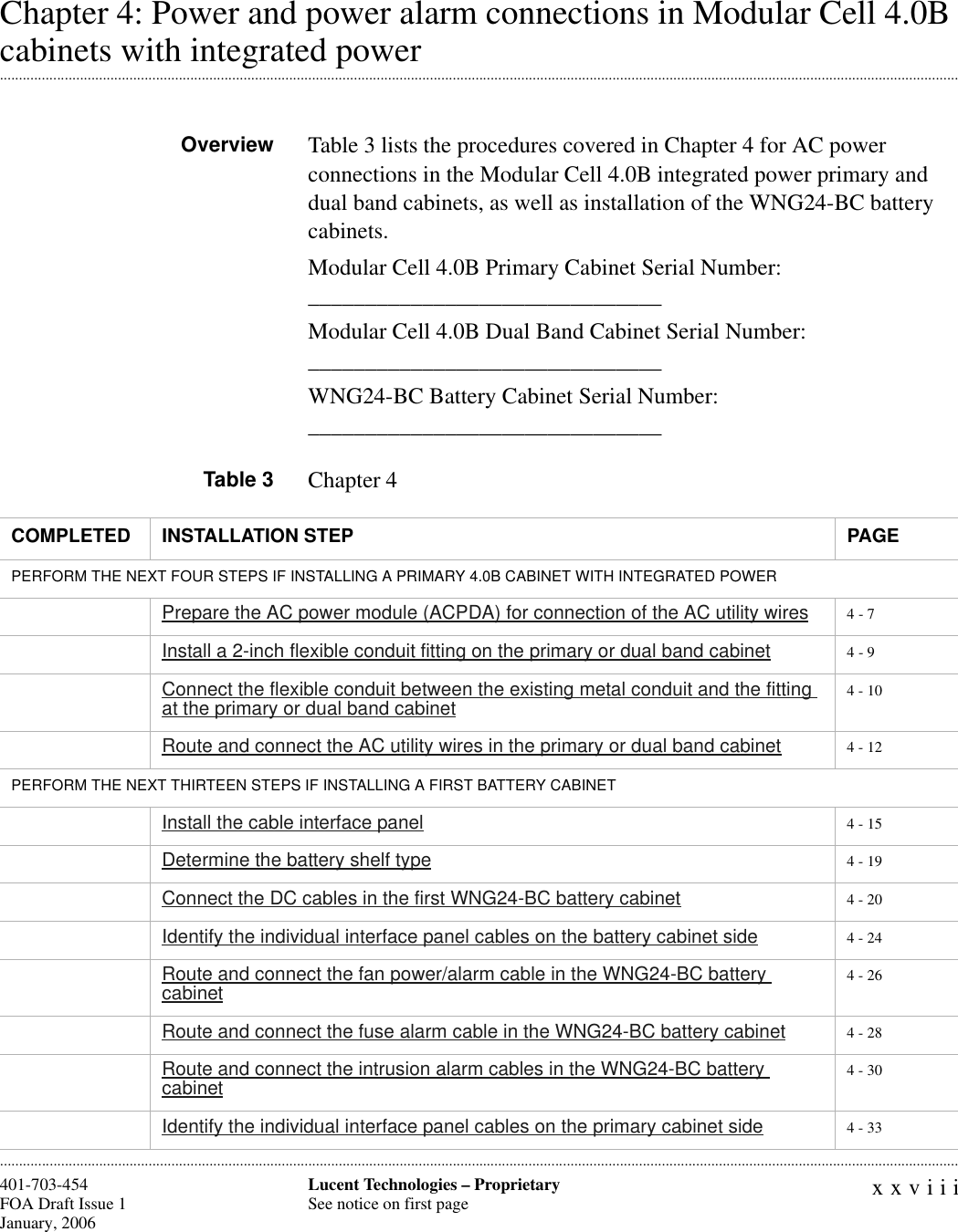 xxviiiLucent Technologies – ProprietarySee notice on first page401-703-454FOA Draft Issue 1January, 2006 ............................................................................................................................................................................................................................................................Chapter 4: Power and power alarm connections in Modular Cell 4.0B .............................................................................................................................................................................................................................................................cabinets with integrated powerOverview Table 3 lists the procedures covered in Chapter 4 for AC power connections in the Modular Cell 4.0B integrated power primary and dual band cabinets, as well as installation of the WNG24-BC battery cabinets.Modular Cell 4.0B Primary Cabinet Serial Number: _______________________________Modular Cell 4.0B Dual Band Cabinet Serial Number: _______________________________WNG24-BC Battery Cabinet Serial Number: _______________________________Table 3 Chapter 4COMPLETED INSTALLATION STEP PAGEPERFORM THE NEXT FOUR STEPS IF INSTALLING A PRIMARY 4.0B CABINET WITH INTEGRATED POWERPrepare the AC power module (ACPDA) for connection of the AC utility wires 4 - 7Install a 2-inch flexible conduit fitting on the primary or dual band cabinet 4 - 9Connect the flexible conduit between the existing metal conduit and the fitting at the primary or dual band cabinet 4 - 10Route and connect the AC utility wires in the primary or dual band cabinet 4 - 12PERFORM THE NEXT THIRTEEN STEPS IF INSTALLING A FIRST BATTERY CABINETInstall the cable interface panel 4 - 15Determine the battery shelf type 4 - 19Connect the DC cables in the first WNG24-BC battery cabinet 4 - 20Identify the individual interface panel cables on the battery cabinet side 4 - 24Route and connect the fan power/alarm cable in the WNG24-BC battery cabinet 4 - 26Route and connect the fuse alarm cable in the WNG24-BC battery cabinet 4 - 28Route and connect the intrusion alarm cables in the WNG24-BC battery cabinet 4 - 30Identify the individual interface panel cables on the primary cabinet side 4 - 33