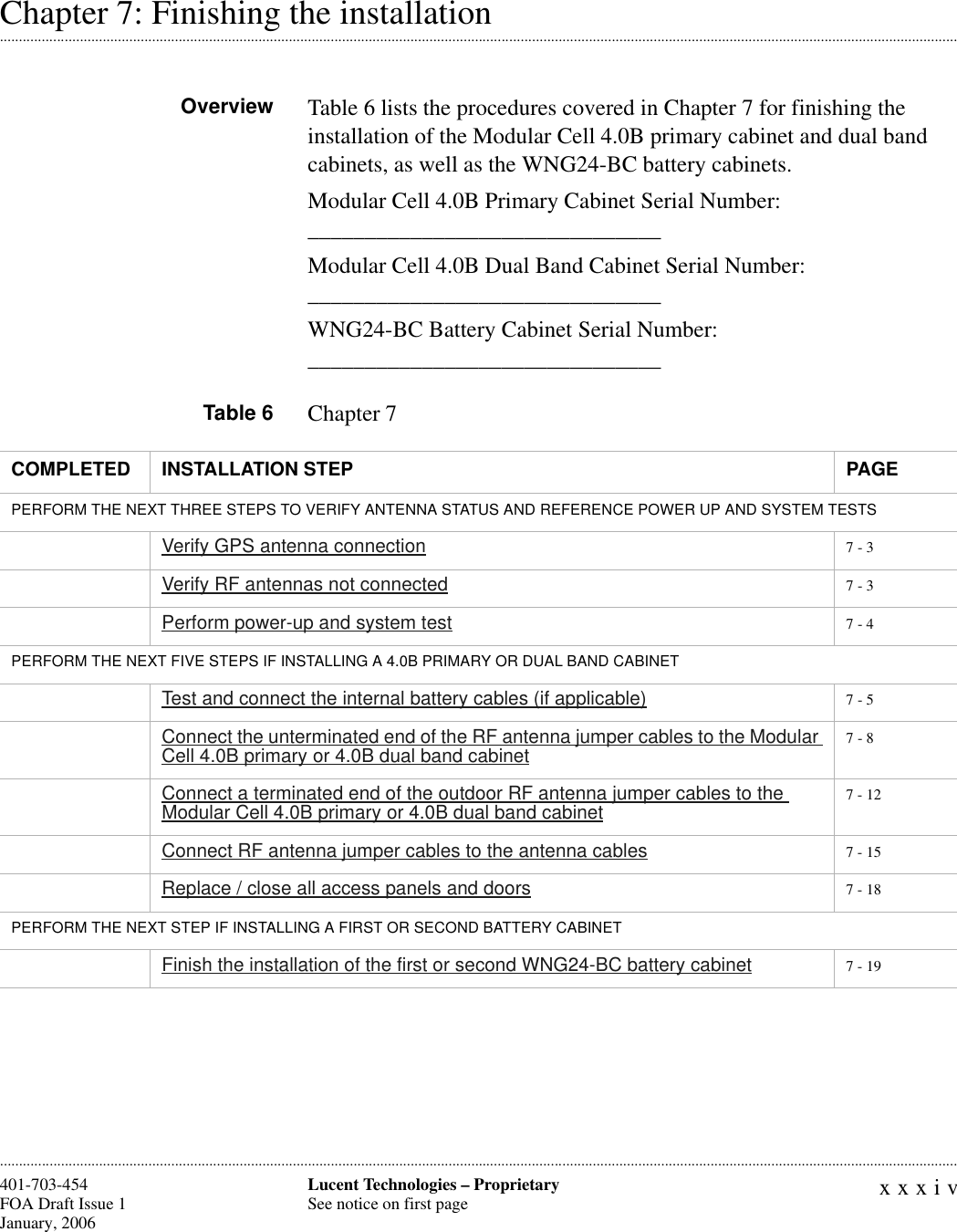 xxxivLucent Technologies – ProprietarySee notice on first page401-703-454FOA Draft Issue 1January, 2006 .........................................................................................................................................................................................................................................................................................................................................................................................................................................................................................................................Chapter 7: Finishing the installationOverview Table 6 lists the procedures covered in Chapter 7 for finishing the installation of the Modular Cell 4.0B primary cabinet and dual band cabinets, as well as the WNG24-BC battery cabinets.Modular Cell 4.0B Primary Cabinet Serial Number: _______________________________Modular Cell 4.0B Dual Band Cabinet Serial Number: _______________________________WNG24-BC Battery Cabinet Serial Number: _______________________________Table 6 Chapter 7COMPLETED INSTALLATION STEP PAGEPERFORM THE NEXT THREE STEPS TO VERIFY ANTENNA STATUS AND REFERENCE POWER UP AND SYSTEM TESTSVerify GPS antenna connection 7 - 3Verify RF antennas not connected 7 - 3Perform power-up and system test 7 - 4PERFORM THE NEXT FIVE STEPS IF INSTALLING A 4.0B PRIMARY OR DUAL BAND CABINETTest and connect the internal battery cables (if applicable) 7 - 5Connect the unterminated end of the RF antenna jumper cables to the Modular Cell 4.0B primary or 4.0B dual band cabinet 7 - 8Connect a terminated end of the outdoor RF antenna jumper cables to the Modular Cell 4.0B primary or 4.0B dual band cabinet 7 - 12Connect RF antenna jumper cables to the antenna cables 7 - 15Replace / close all access panels and doors 7 - 18PERFORM THE NEXT STEP IF INSTALLING A FIRST OR SECOND BATTERY CABINET Finish the installation of the first or second WNG24-BC battery cabinet 7 - 19