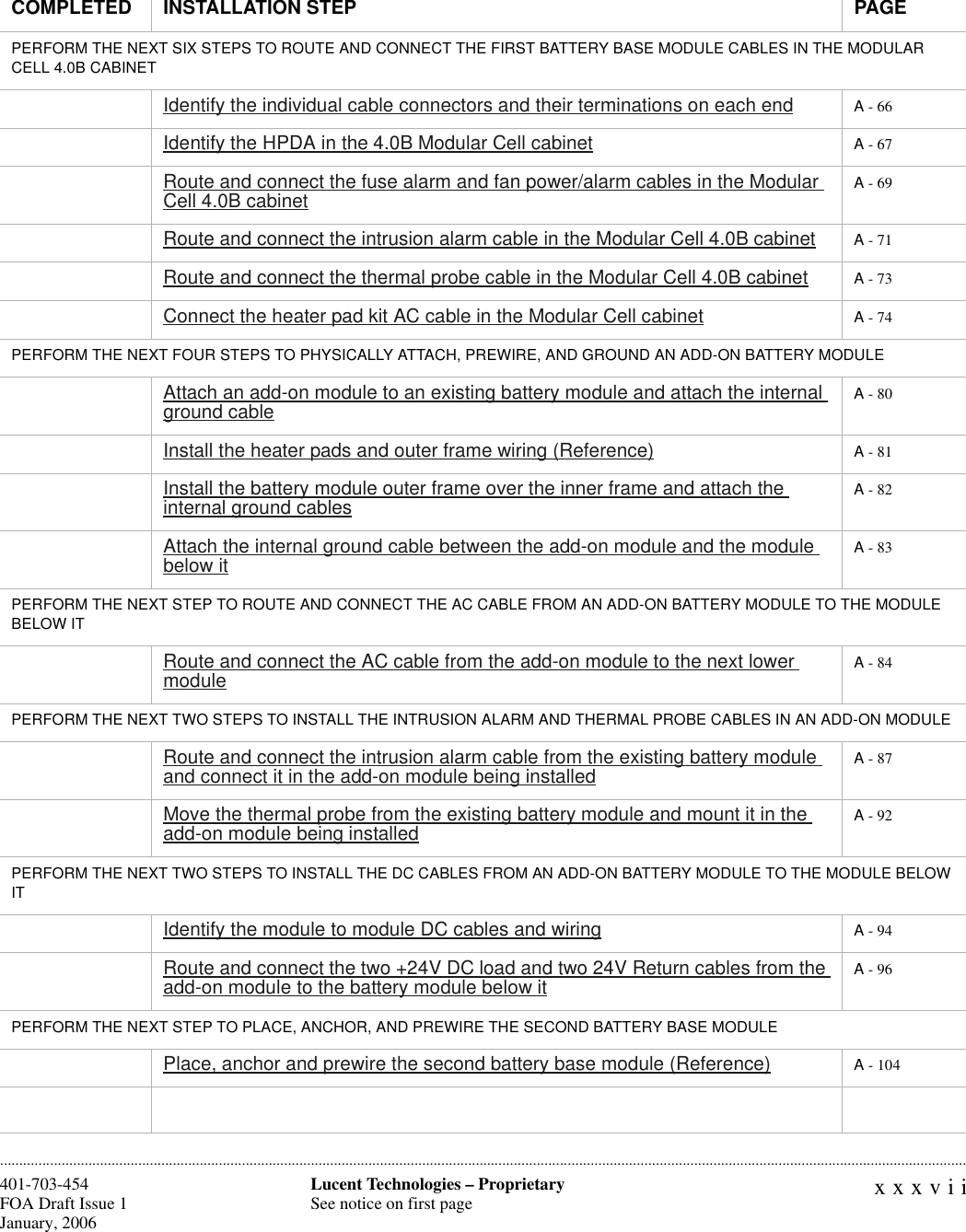 xxxviiLucent Technologies – ProprietarySee notice on first page401-703-454FOA Draft Issue 1January, 2006 ............................................................................................................................................................................................................................................................PERFORM THE NEXT SIX STEPS TO ROUTE AND CONNECT THE FIRST BATTERY BASE MODULE CABLES IN THE MODULAR CELL 4.0B CABINETIdentify the individual cable connectors and their terminations on each end A - 66Identify the HPDA in the 4.0B Modular Cell cabinet A - 67Route and connect the fuse alarm and fan power/alarm cables in the Modular Cell 4.0B cabinet A - 69Route and connect the intrusion alarm cable in the Modular Cell 4.0B cabinet A - 71Route and connect the thermal probe cable in the Modular Cell 4.0B cabinet A - 73Connect the heater pad kit AC cable in the Modular Cell cabinet A - 74PERFORM THE NEXT FOUR STEPS TO PHYSICALLY ATTACH, PREWIRE, AND GROUND AN ADD-ON BATTERY MODULEAttach an add-on module to an existing battery module and attach the internal ground cable A - 80Install the heater pads and outer frame wiring (Reference) A - 81Install the battery module outer frame over the inner frame and attach the internal ground cablesA - 82Attach the internal ground cable between the add-on module and the module below it A - 83PERFORM THE NEXT STEP TO ROUTE AND CONNECT THE AC CABLE FROM AN ADD-ON BATTERY MODULE TO THE MODULE BELOW ITRoute and connect the AC cable from the add-on module to the next lower module A - 84PERFORM THE NEXT TWO STEPS TO INSTALL THE INTRUSION ALARM AND THERMAL PROBE CABLES IN AN ADD-ON MODULERoute and connect the intrusion alarm cable from the existing battery module and connect it in the add-on module being installed A - 87Move the thermal probe from the existing battery module and mount it in the add-on module being installed A - 92PERFORM THE NEXT TWO STEPS TO INSTALL THE DC CABLES FROM AN ADD-ON BATTERY MODULE TO THE MODULE BELOW ITIdentify the module to module DC cables and wiring A - 94Route and connect the two +24V DC load and two 24V Return cables from the add-on module to the battery module below it A - 96PERFORM THE NEXT STEP TO PLACE, ANCHOR, AND PREWIRE THE SECOND BATTERY BASE MODULEPlace, anchor and prewire the second battery base module (Reference) A - 104COMPLETED INSTALLATION STEP PAGE